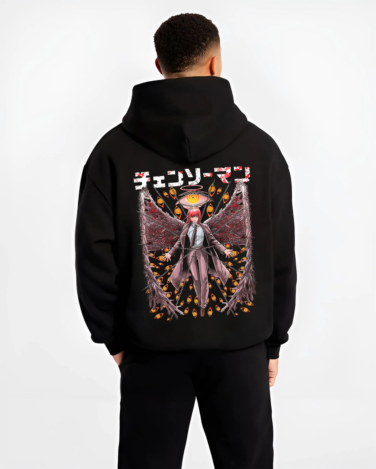 Black hoodie model back view showing Makima from Chainsaw Man: Control Devil with chains