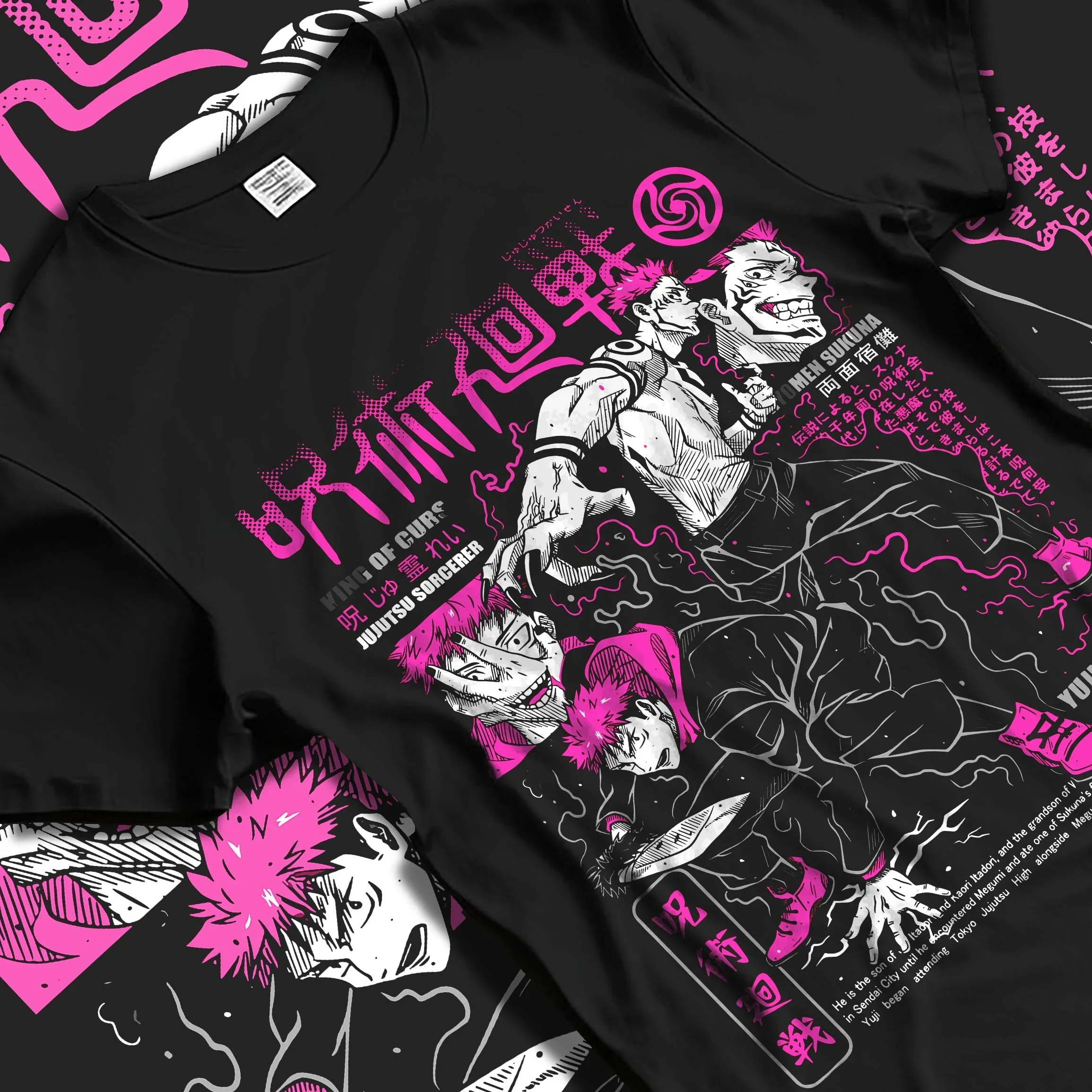 Black T-shirt laid flat with natural folds with Sukuna vs Yuji Hoodie Jujutsu Kaisen Epic Fight graphic premium wear.