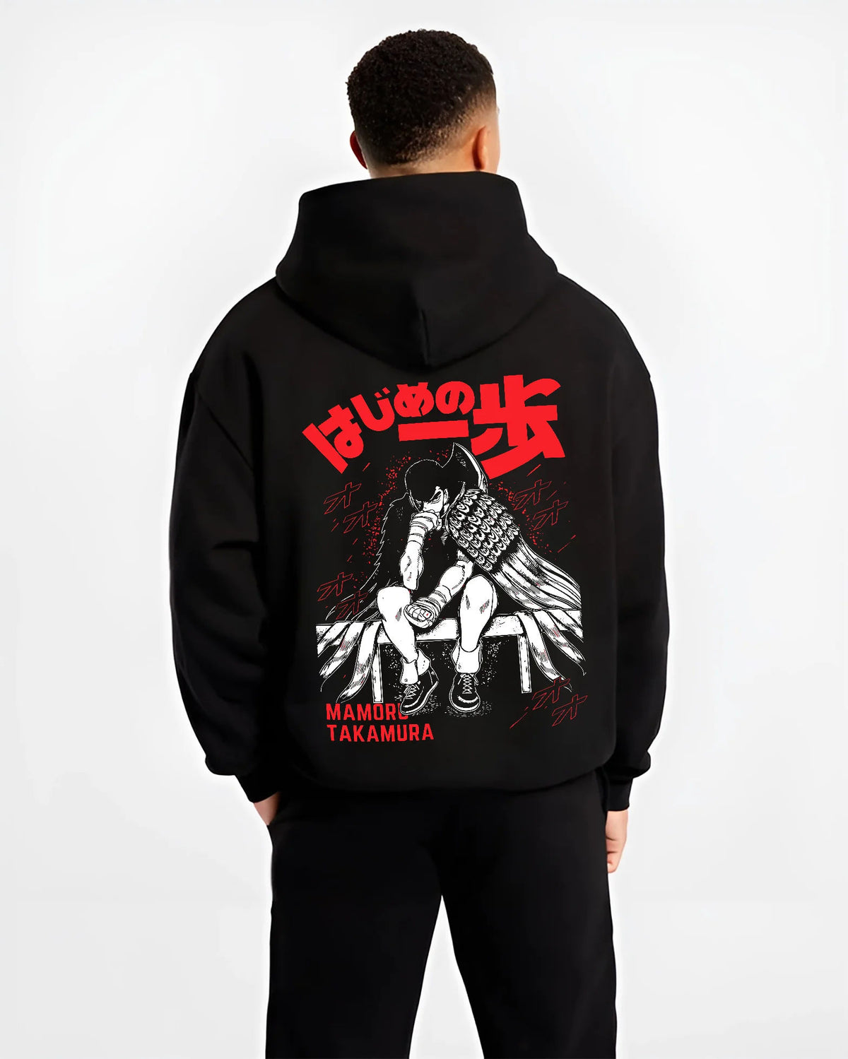 Black hoodie model back view showing Mamoru Takamura from Hajime no Ippo: Hajime no Ippo boxer