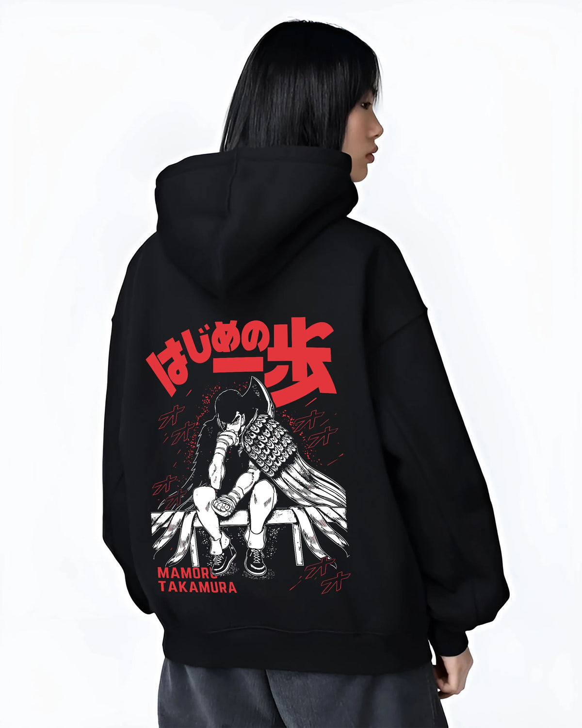 Black hoodie female model back view showing Mamoru Takamura from Hajime no Ippo: Hajime no Ippo boxer