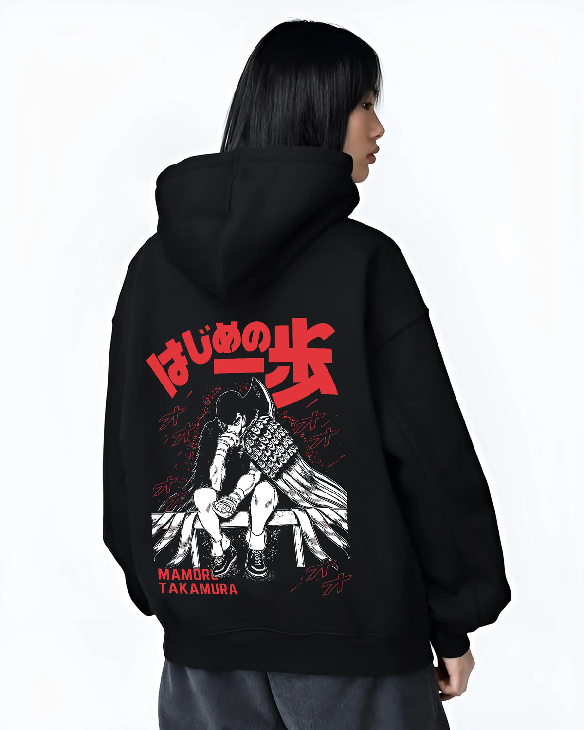 Black hoodie female model back view showing Mamoru Takamura from Hajime no Ippo: Hajime no Ippo boxer