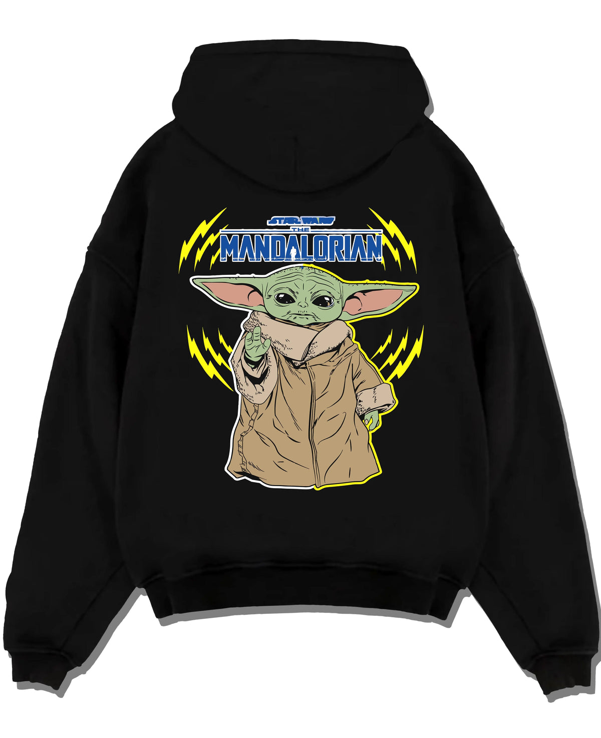 Black hoodie laid flat featuring Grogu from The Mandalorian artwork.