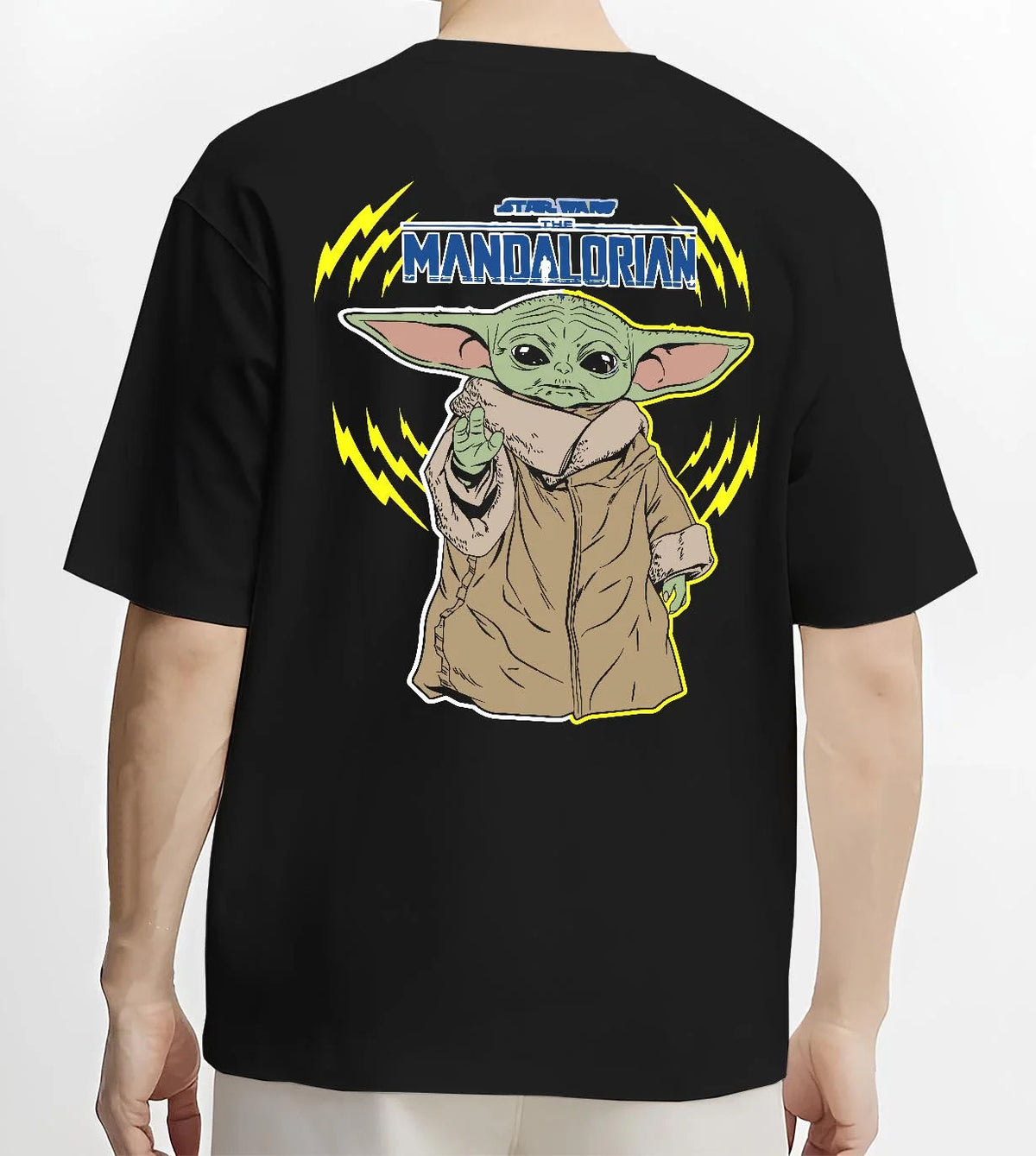 Black T-shirt worn by male model from the back featuring Grogu from The Mandalorian artwork.