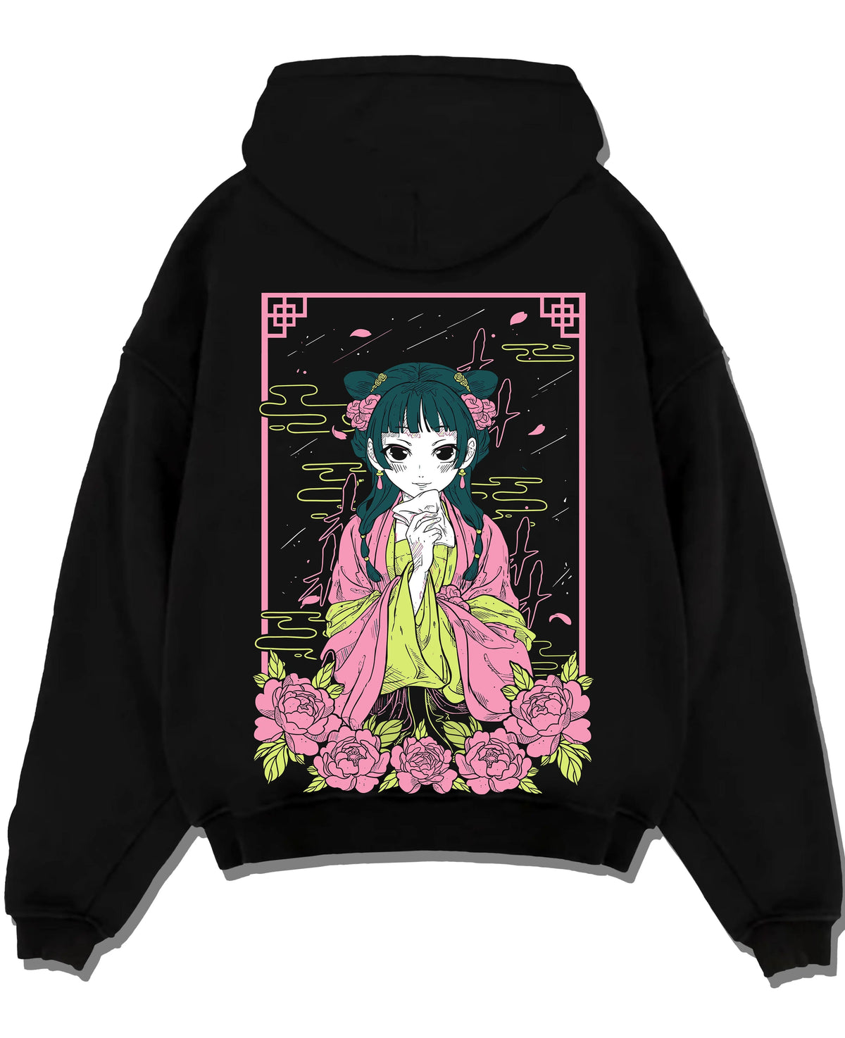 Black hoodie laid flat featuring Maomao floral herbalist portrait artwork.