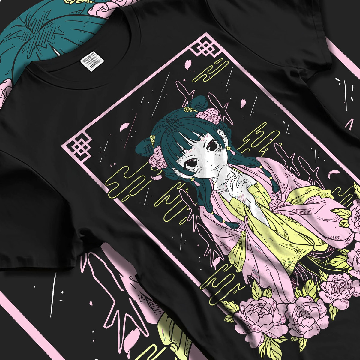 Black T-shirt laid flat with natural folds featuring Maomao floral herbalist portrait artwork.