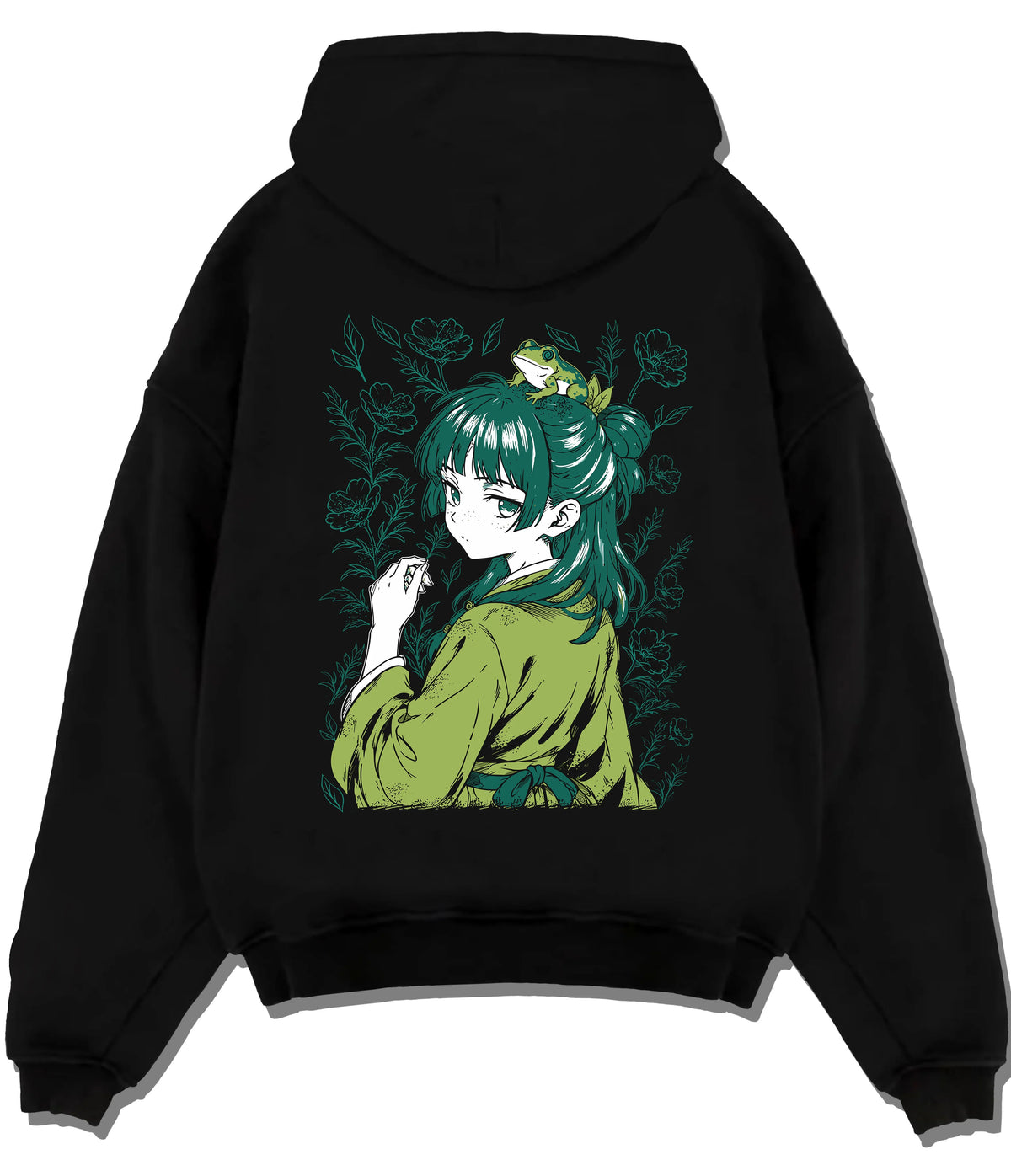 Black hoodie flat back view showing Maomao from The Apothecary Diaries: Apothecary Diaries green-haired portrait