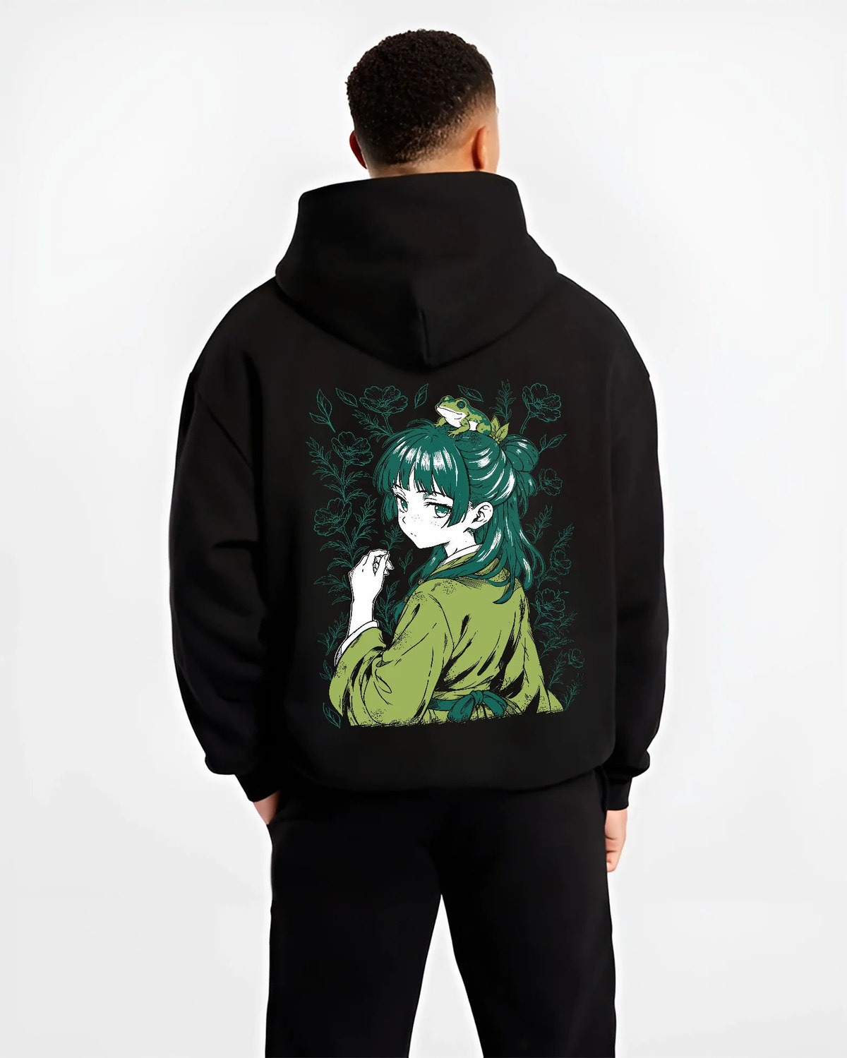 Black hoodie model back view showing Maomao from The Apothecary Diaries: Apothecary Diaries green-haired portrait