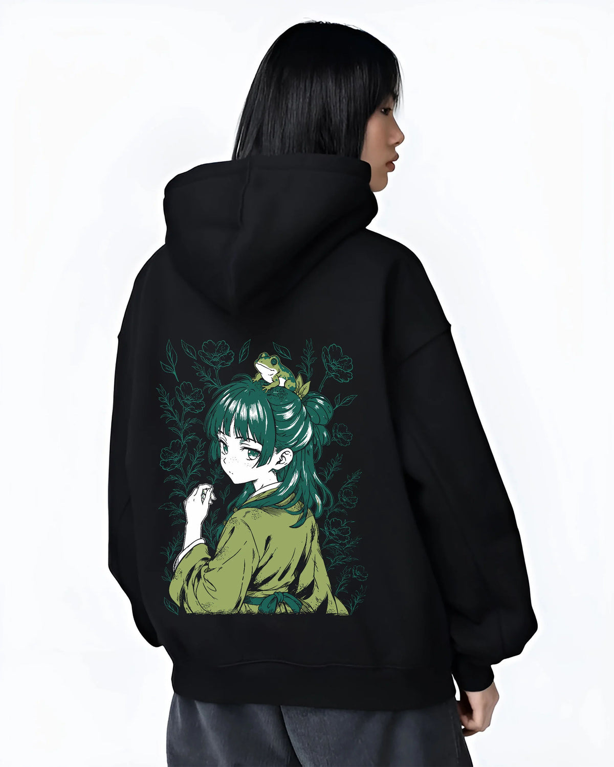 Black hoodie female model back view showing Maomao from The Apothecary Diaries: Apothecary Diaries green-haired portrait