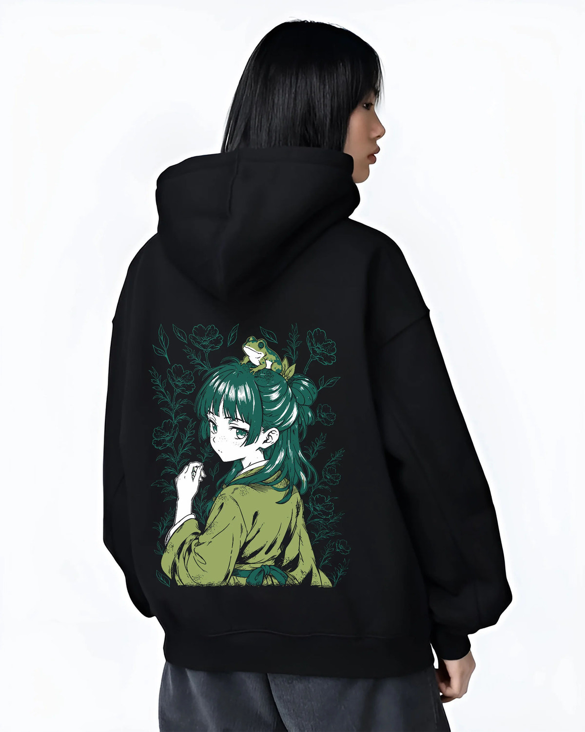 Black hoodie female model back view showing Maomao from The Apothecary Diaries: Apothecary Diaries green-haired portrait