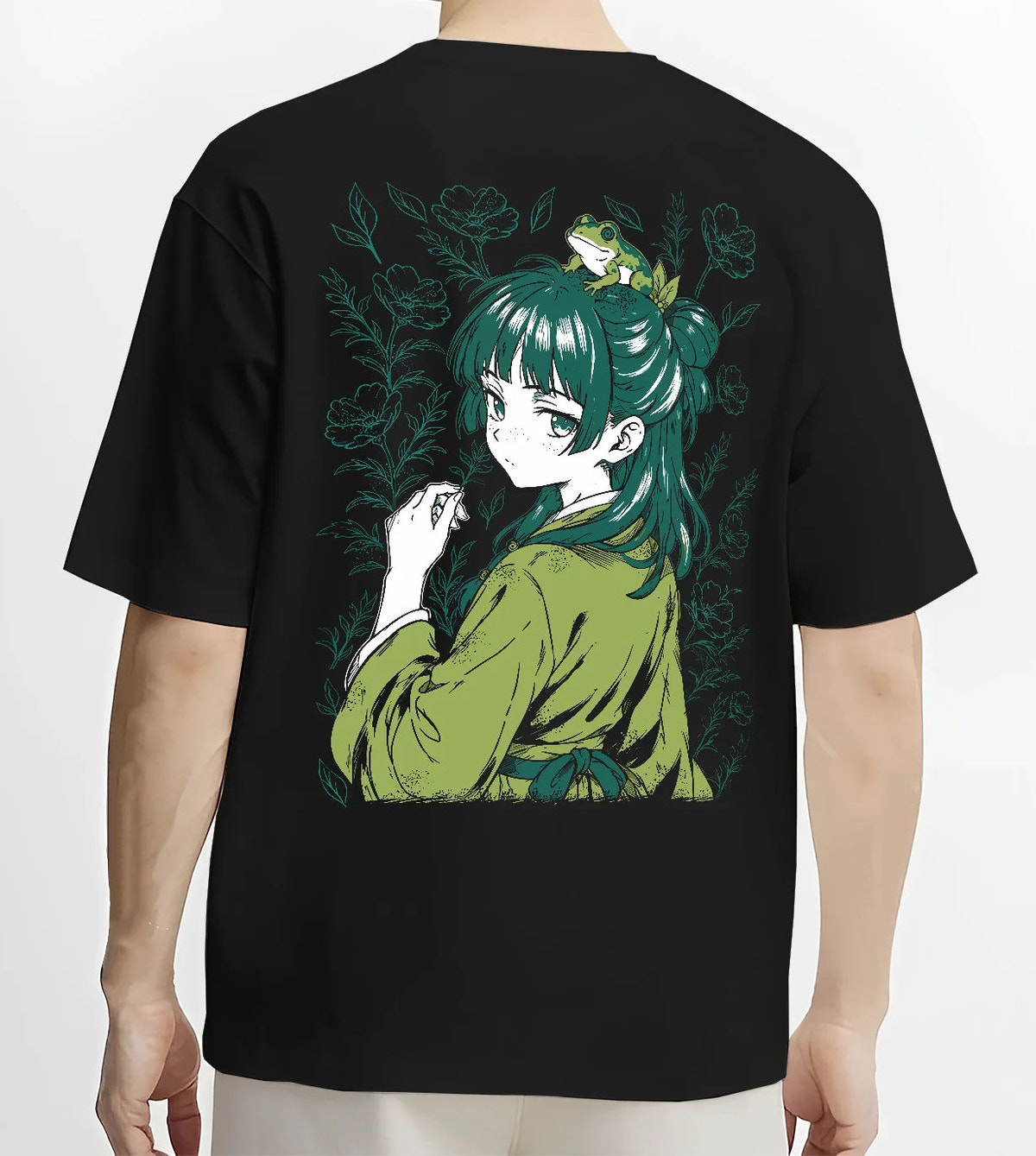 Black T-shirt model back view showing Maomao from The Apothecary Diaries: Apothecary Diaries green-haired portrait