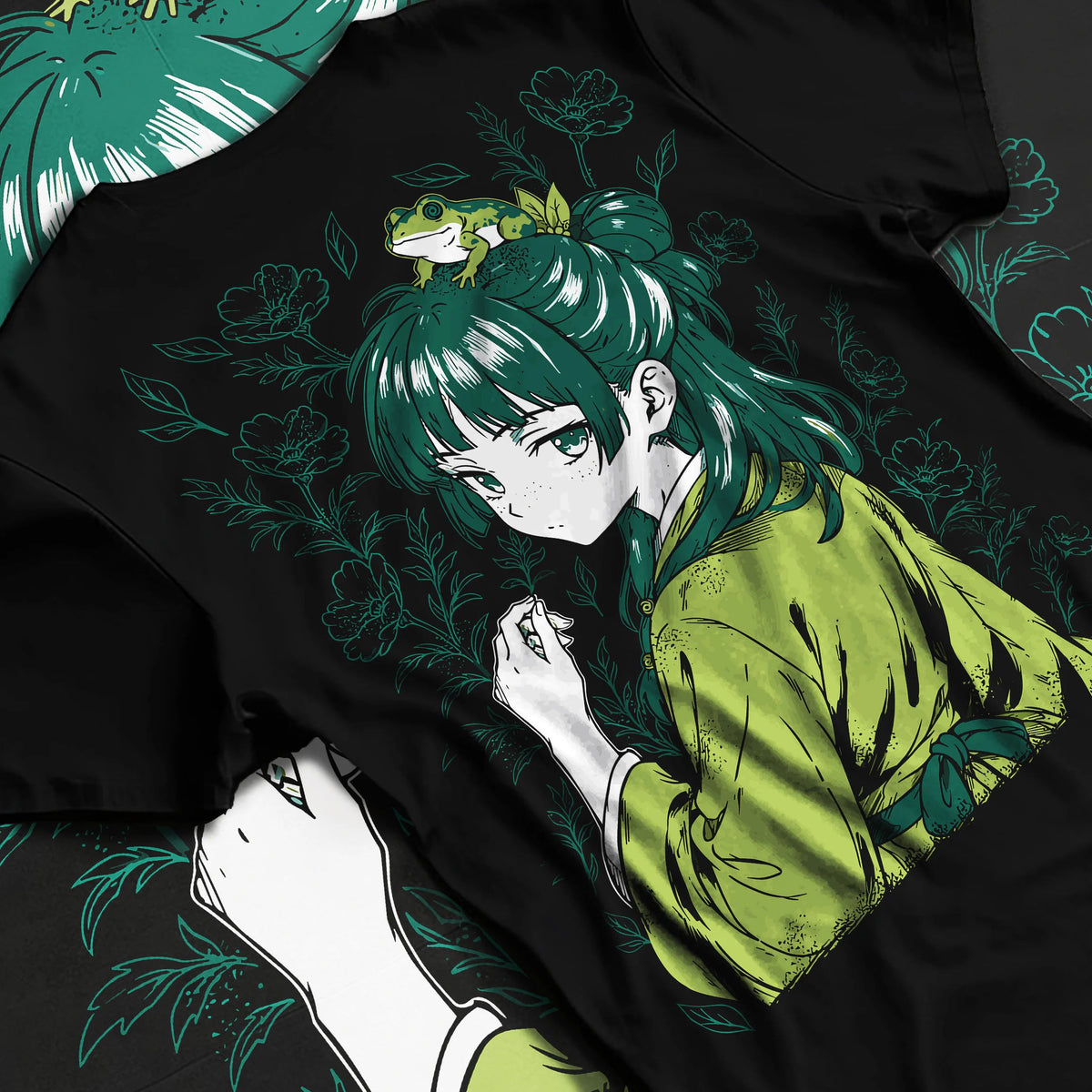 Black T-shirt flat back view showing Maomao from The Apothecary Diaries: Apothecary Diaries green-haired portrait