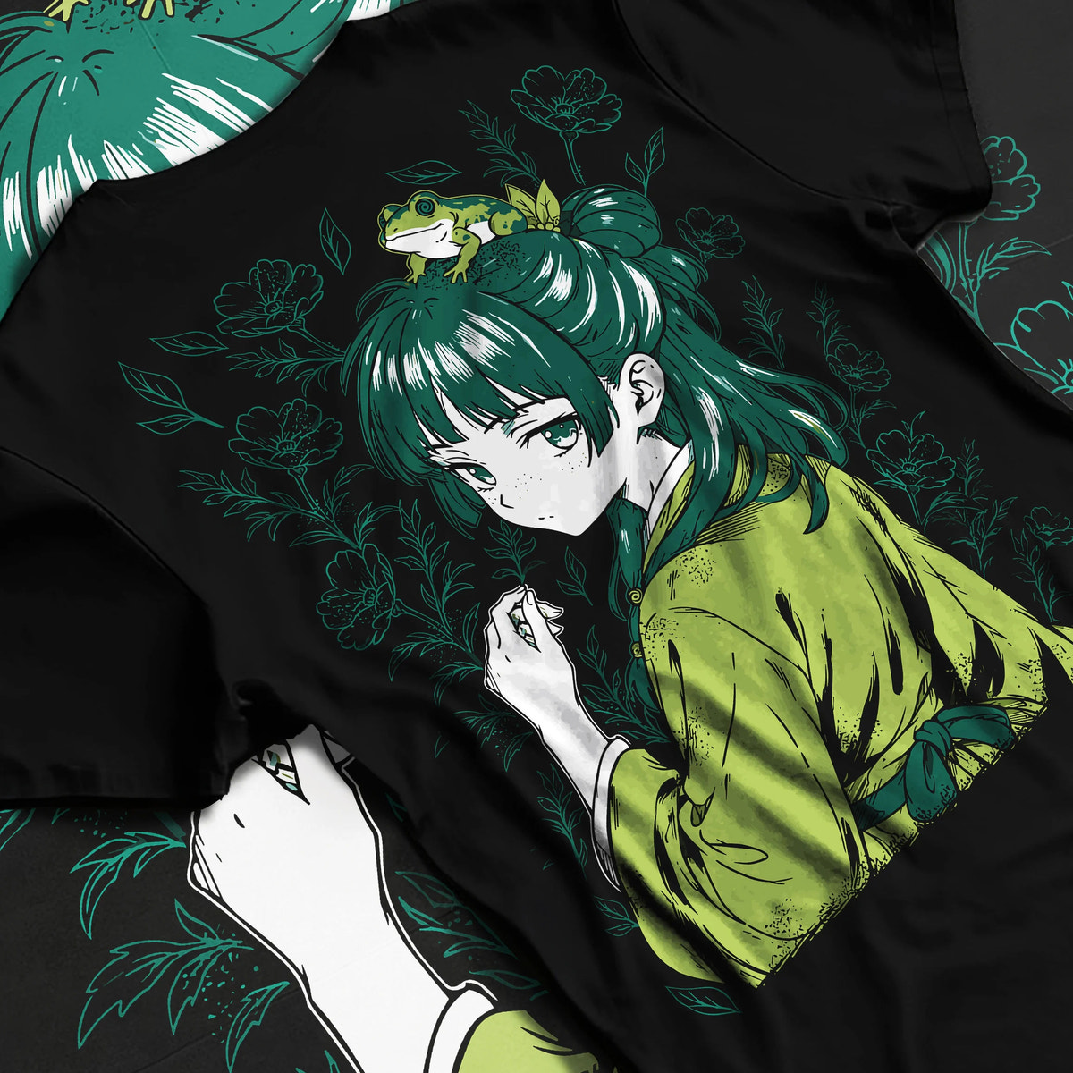 Black T-shirt flat back view showing Maomao from The Apothecary Diaries: Apothecary Diaries green-haired portrait