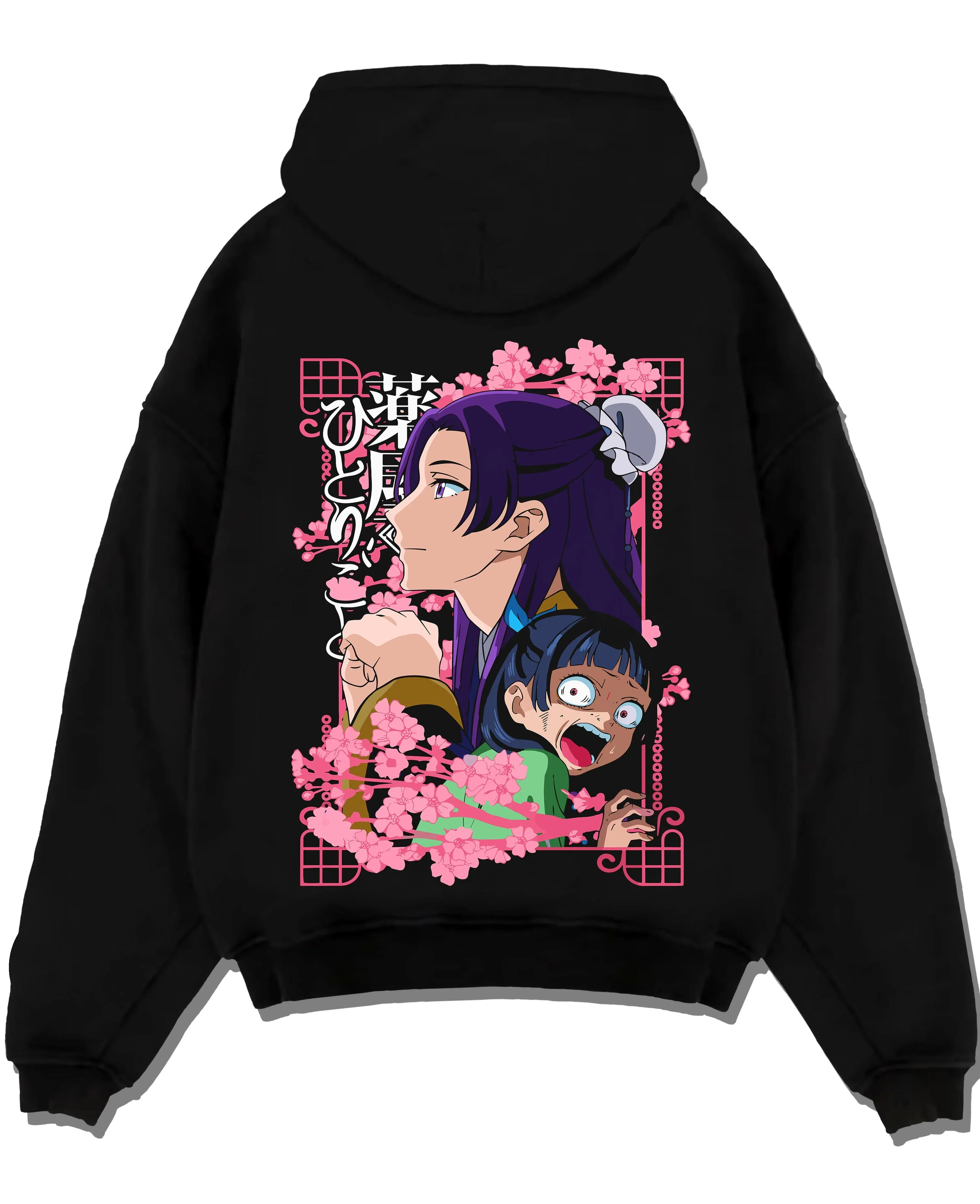 Black pullover hoodie laid flat with Maomao Hoodie Apothecary Diaries Poison Tester Maid graphic premium wear.