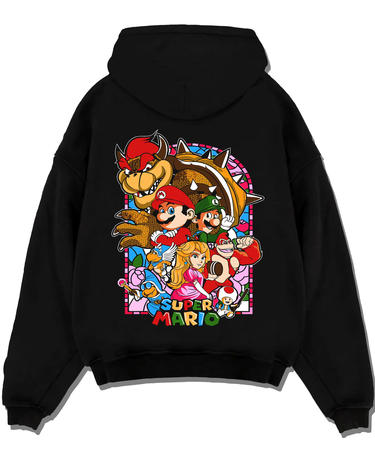Black hoodie laid flat featuring Mario and the Mushroom Kingdom cast artwork.