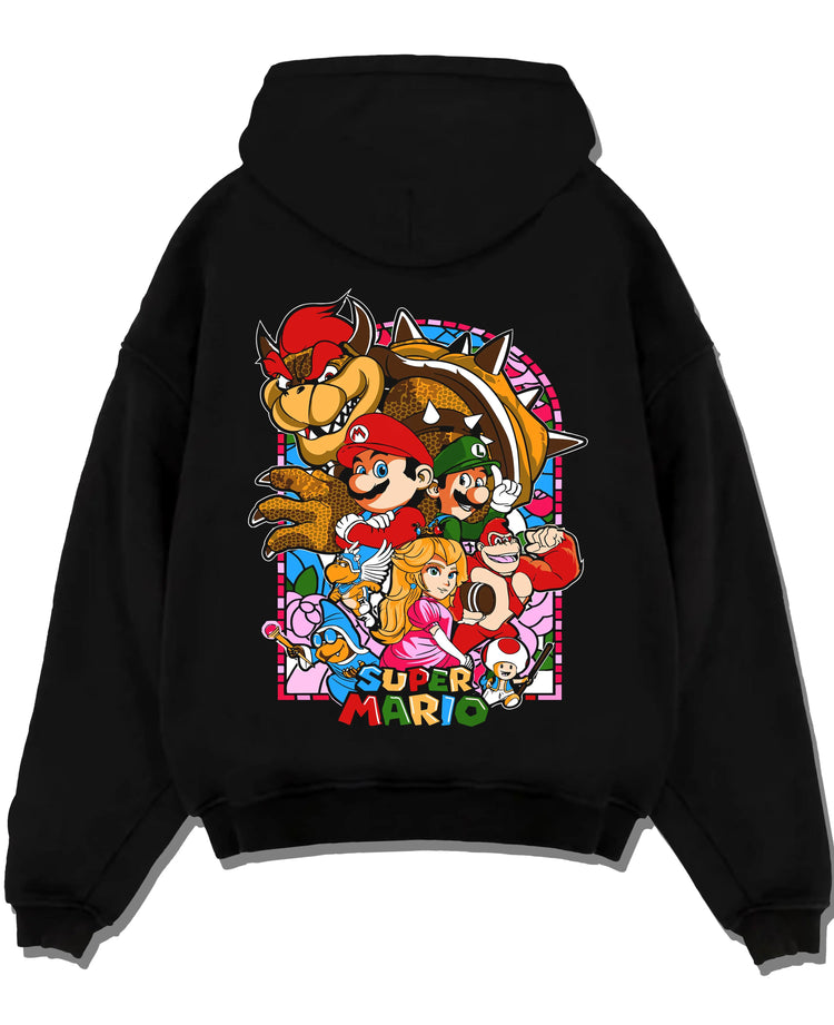 Black hoodie laid flat featuring Mario and the Mushroom Kingdom cast artwork.