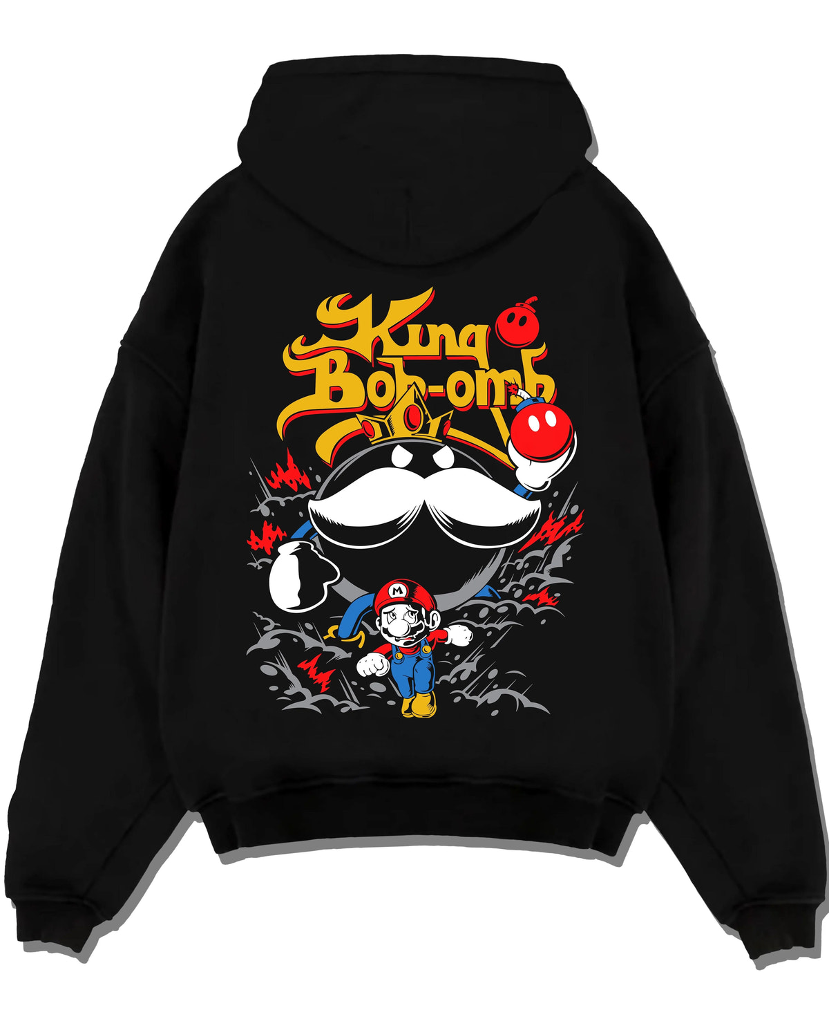 Black hoodie laid flat featuring Mario and King Bob-omb artwork.