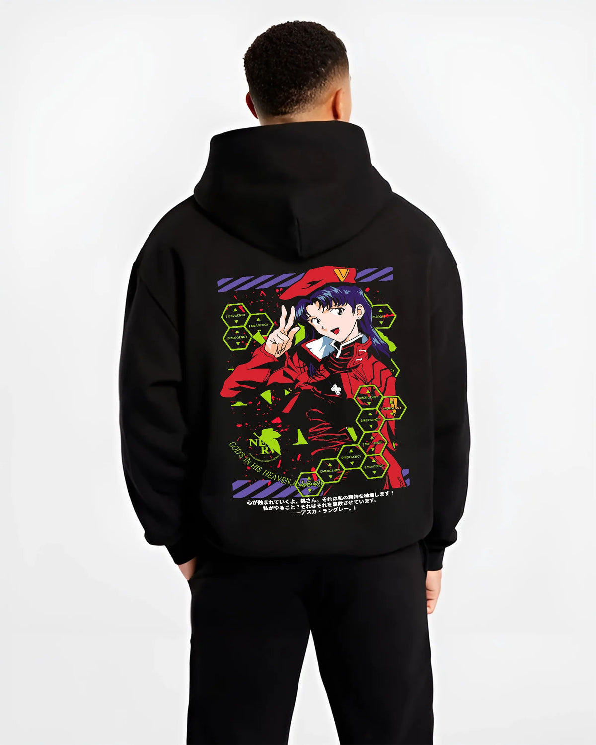 Black hoodie model back view showing Mari Makinami Illustrious from Evangelion: pilot uniform and cap