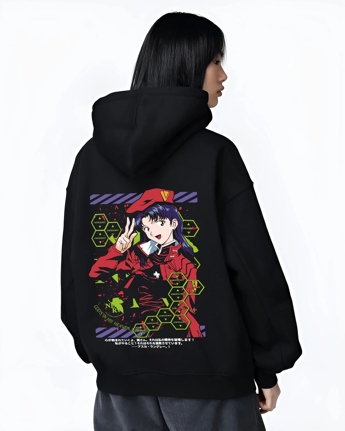 Black hoodie female model back view showing Mari Makinami Illustrious from Evangelion: pilot uniform and cap