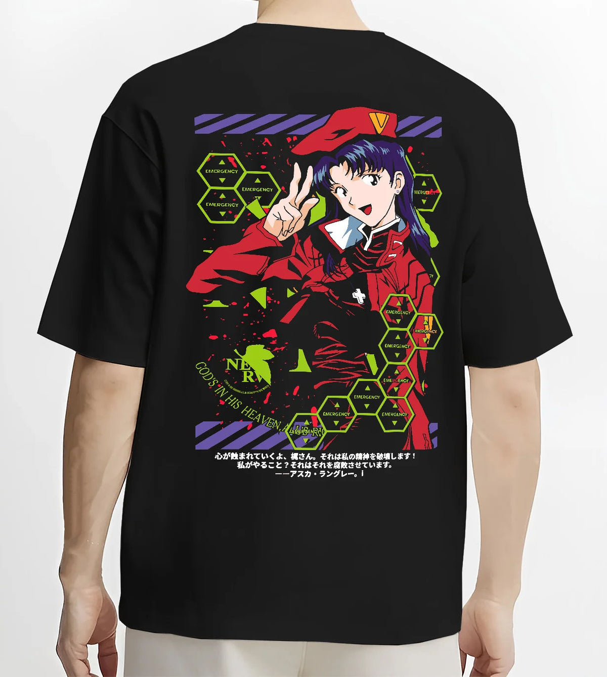 Black T-shirt model back view showing Mari Makinami Illustrious from Evangelion: pilot uniform and cap
