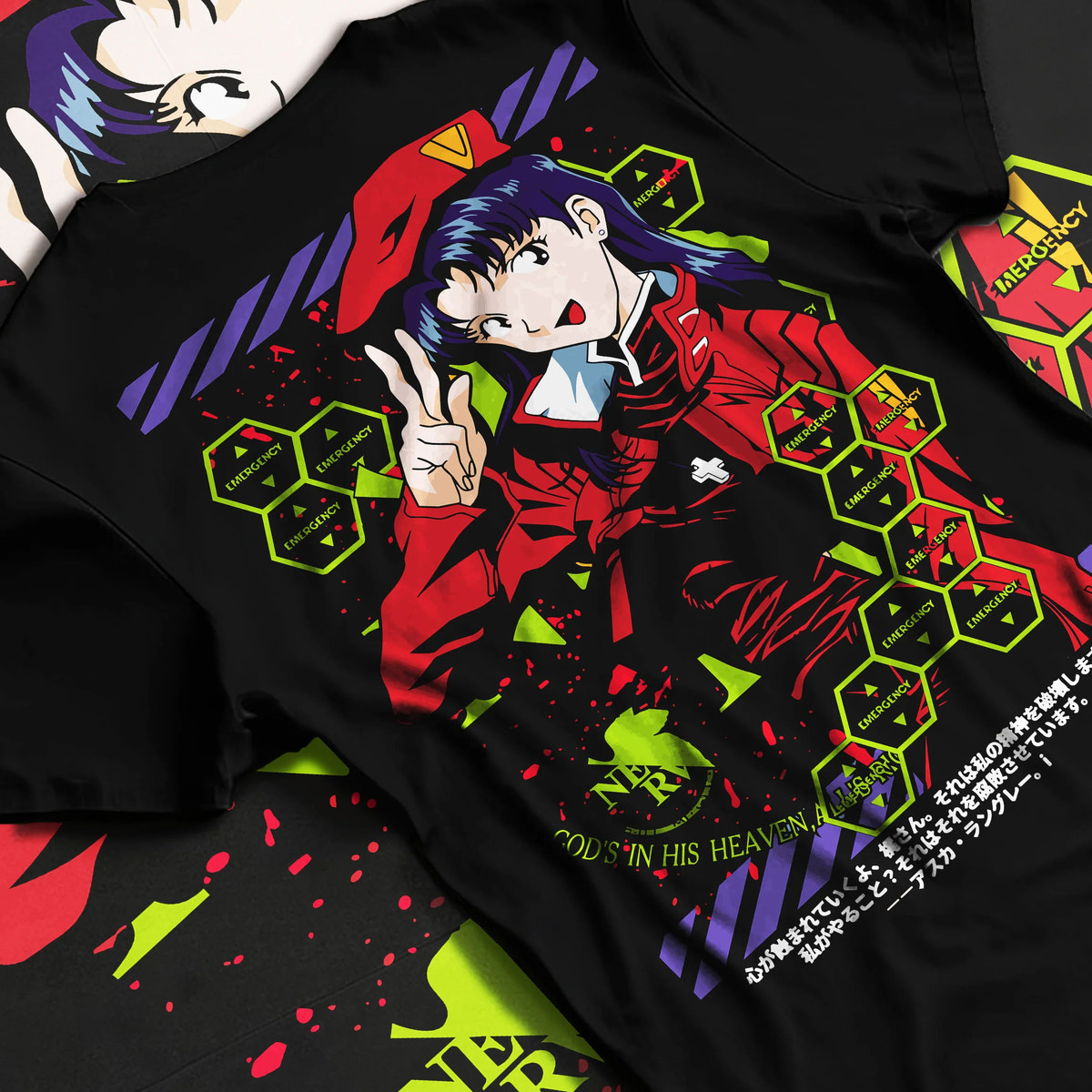 Black T-shirt flat back view showing Mari Makinami Illustrious from Evangelion: pilot uniform and cap