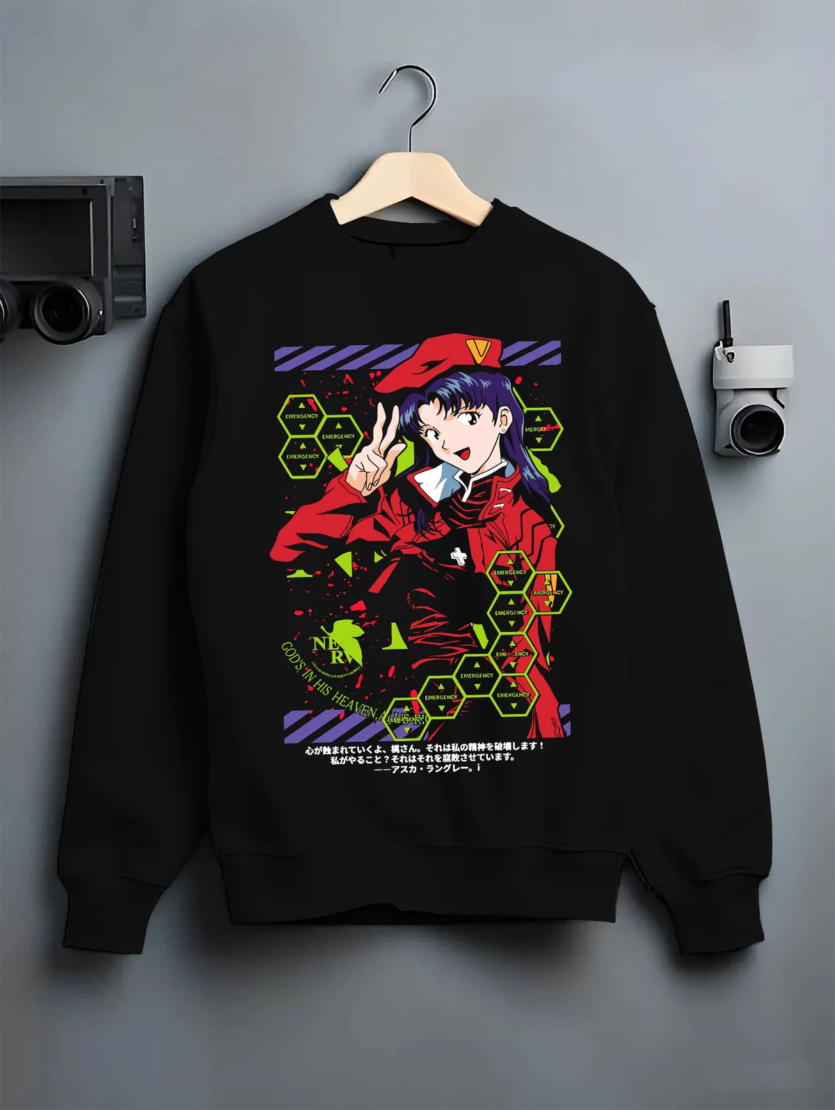 Black crewneck sweatshirt on hanger showing Mari Makinami Illustrious from Evangelion: pilot uniform and cap