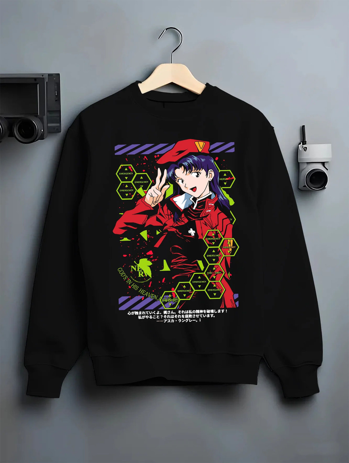 Black crewneck sweatshirt on hanger showing Mari Makinami Illustrious from Evangelion: pilot uniform and cap