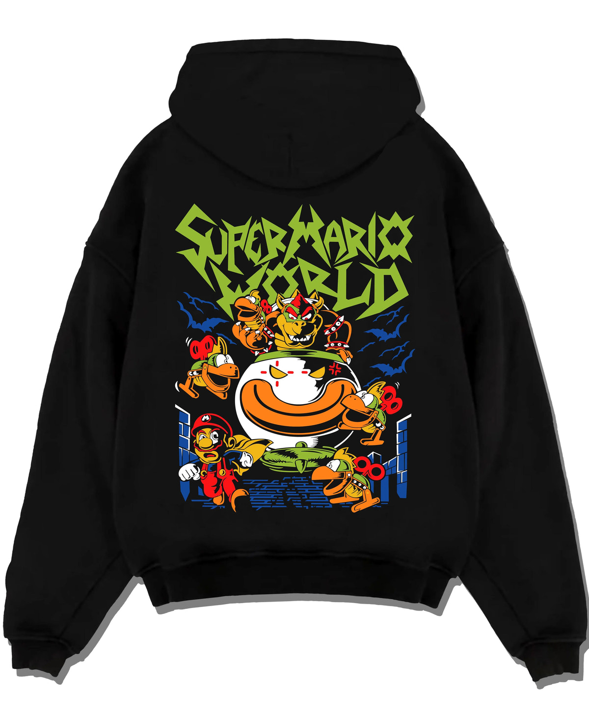 Black hoodie laid flat featuring Bowser Jr in his clown car artwork.