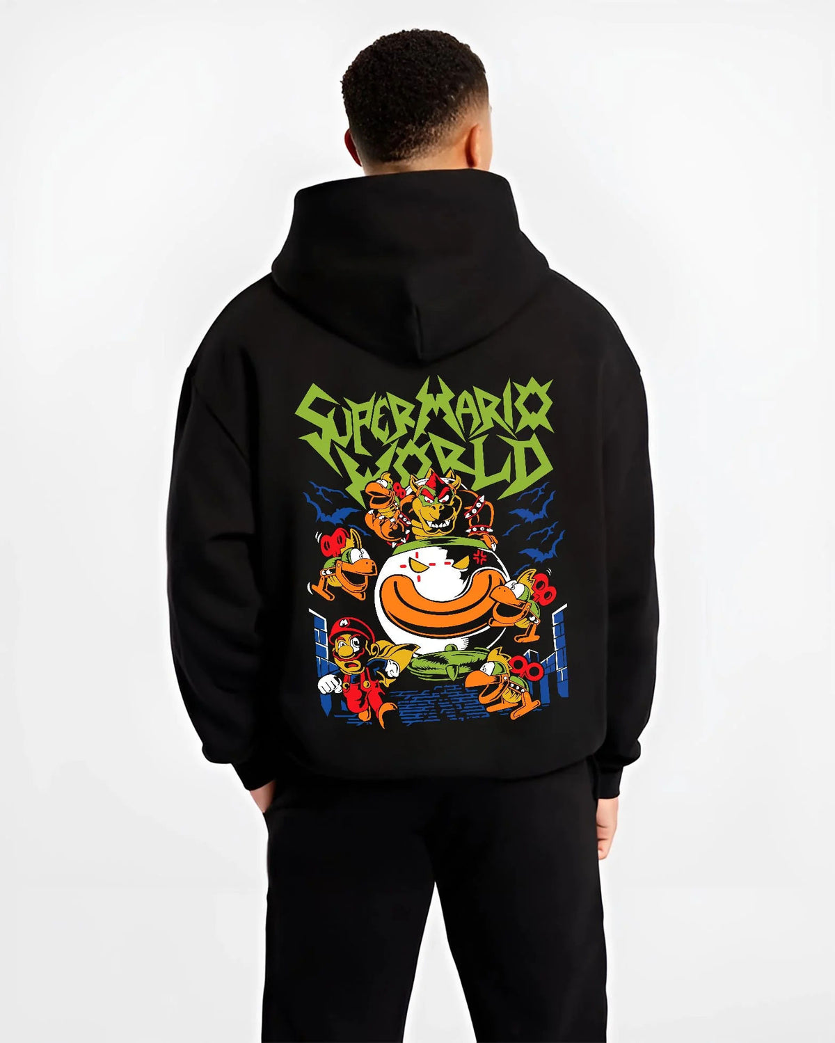 Black hoodie worn by male model from the back featuring Bowser Jr in his clown car artwork.