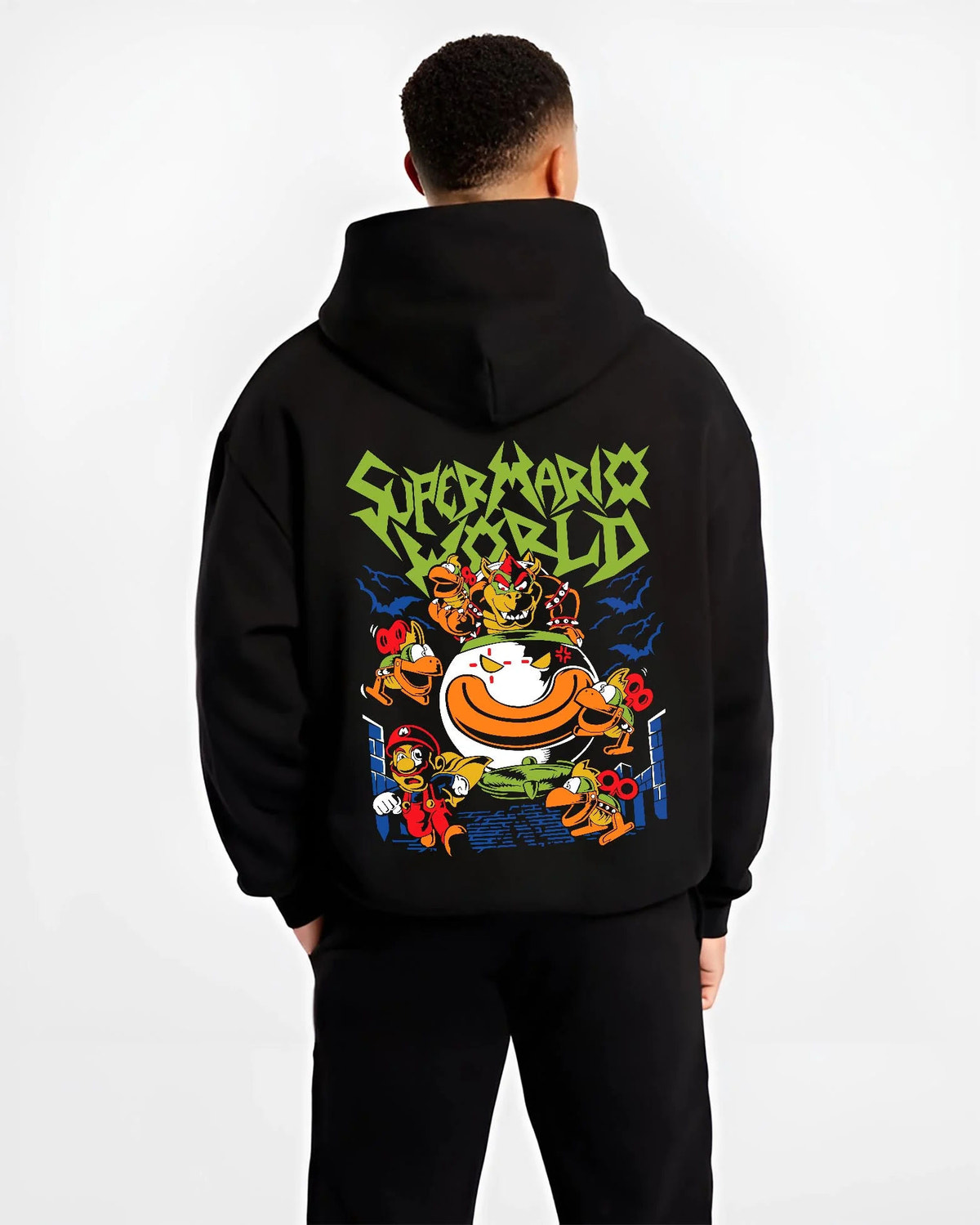 Black hoodie worn by male model from the back featuring Bowser Jr in his clown car artwork.