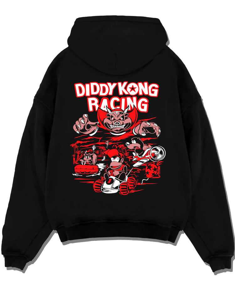 Black hoodie laid flat featuring Diddy Kong Racing kart action artwork.