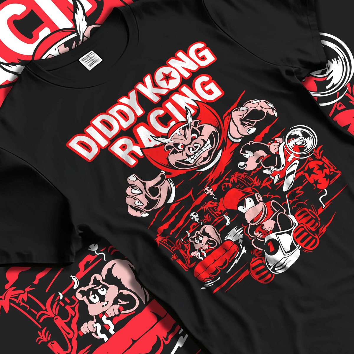Black T-shirt laid flat with natural folds featuring Diddy Kong Racing kart action artwork.