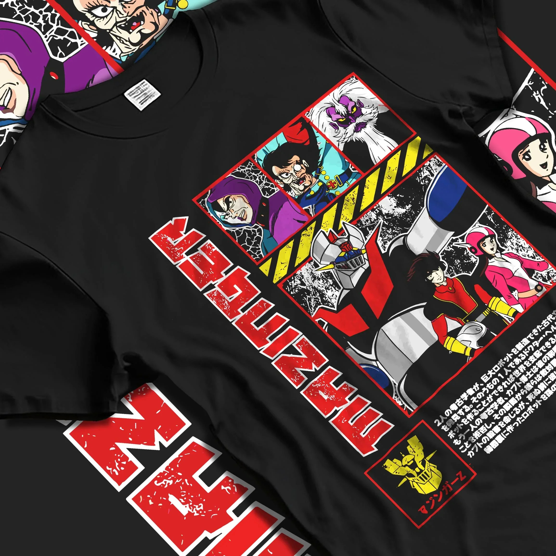 Black T-shirt laid flat with natural folds with Mazinger Z Robot Hoodie Mecha Anime Classic graphic streetwear graphic.