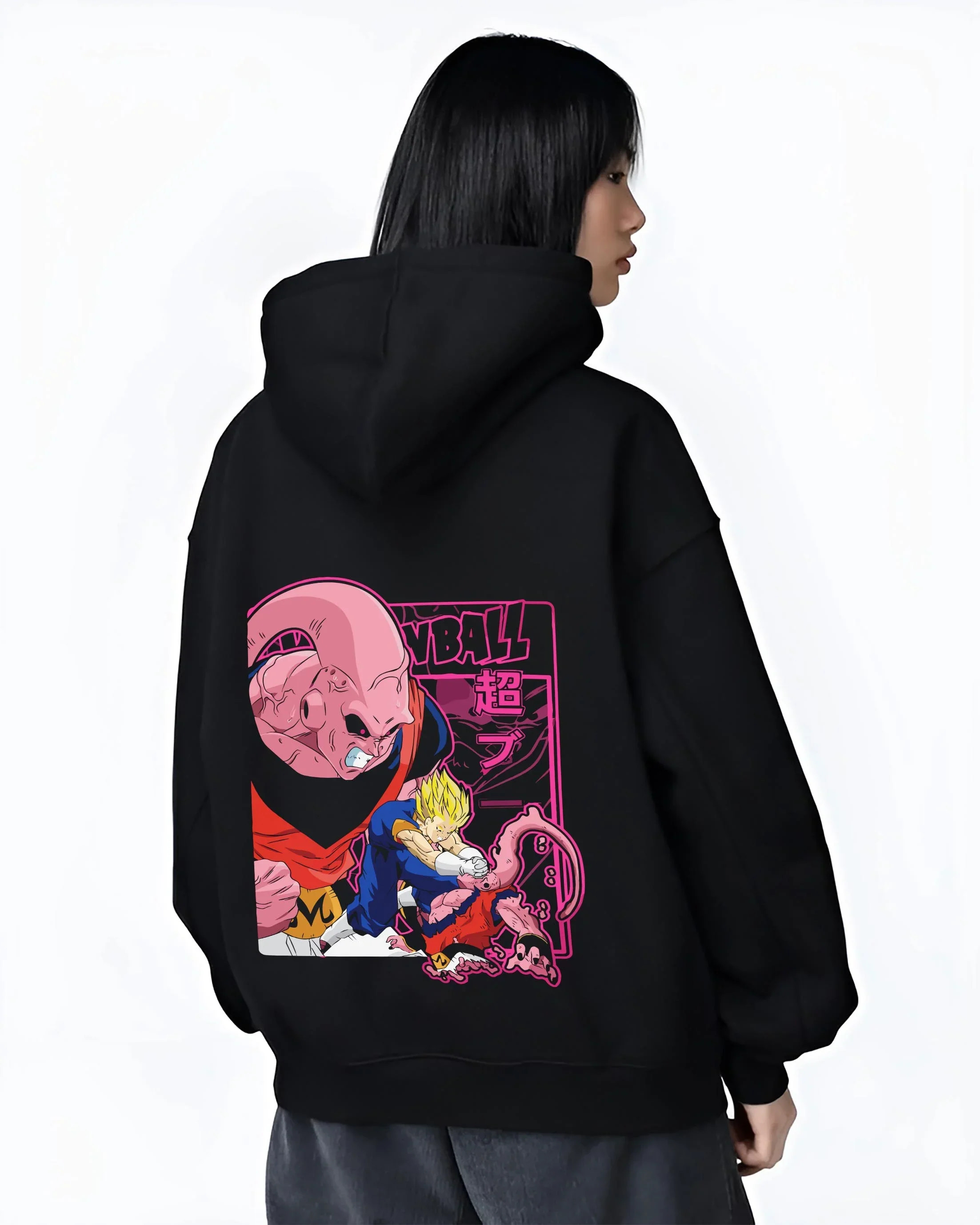 Black hoodie worn by female model, back view with Majin Buu Hoodie Dragon Ball Z Evil Form graphic streetwear graphic.
