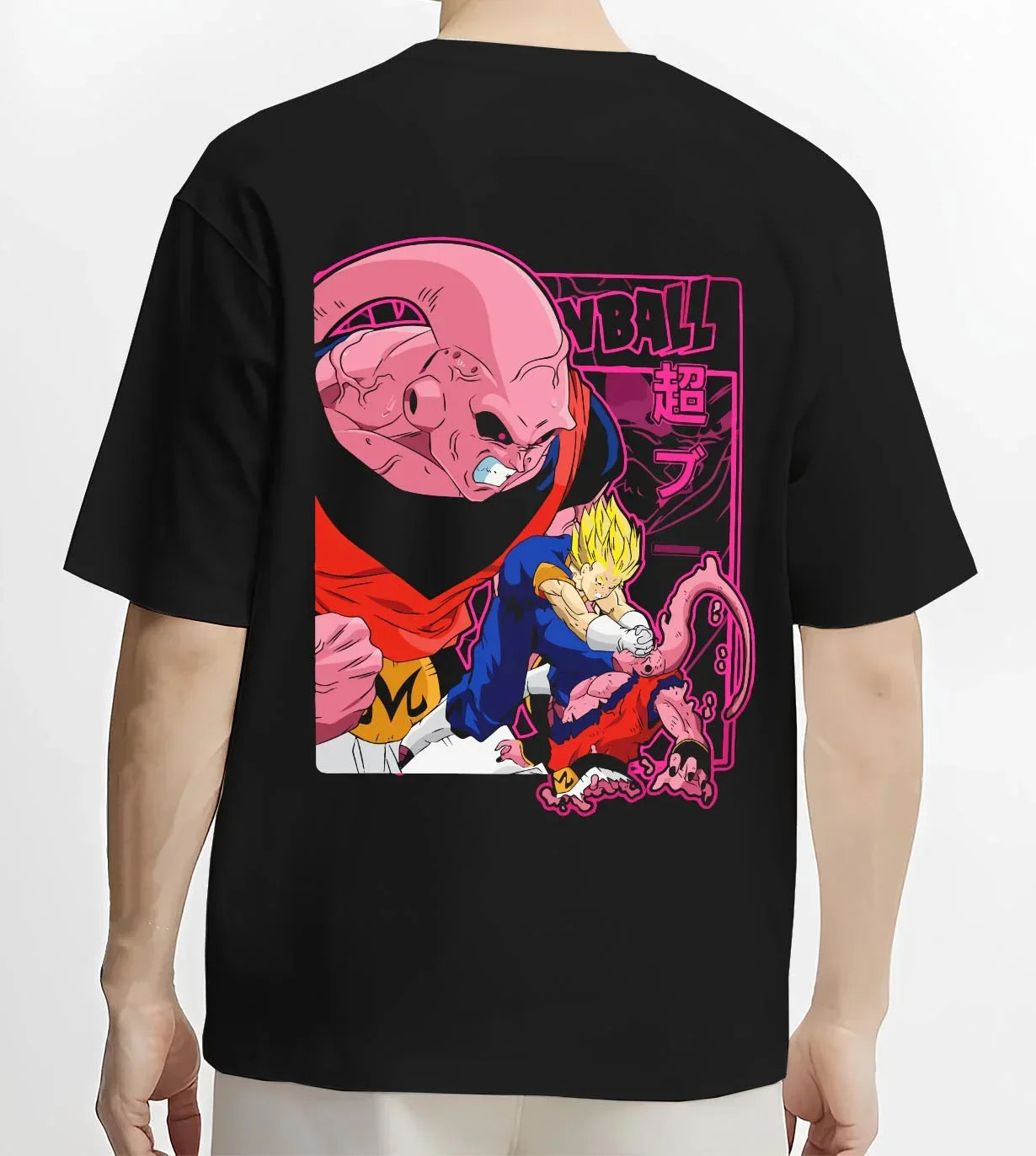 Black T-shirt worn by male model, back view with Majin Buu Hoodie Dragon Ball Z Evil Form graphic streetwear graphic.