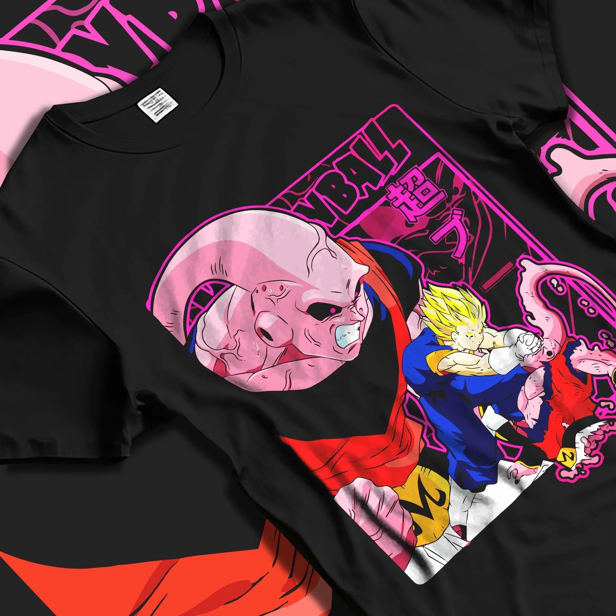 Black T-shirt laid flat with natural folds with Majin Buu Hoodie Dragon Ball Z Evil Form graphic streetwear graphic.