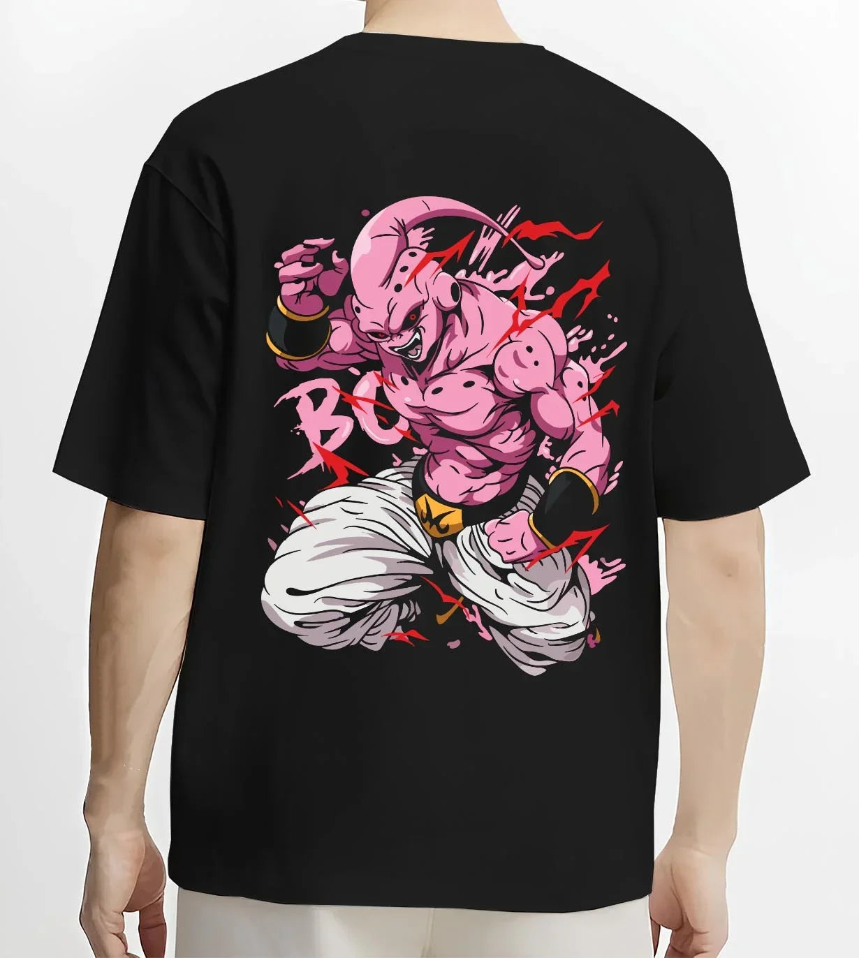Black T-shirt worn by male model, back view with Majin Buu Kid Hoodie Dragon Ball Z Chaos Power graphic streetwear graphic.