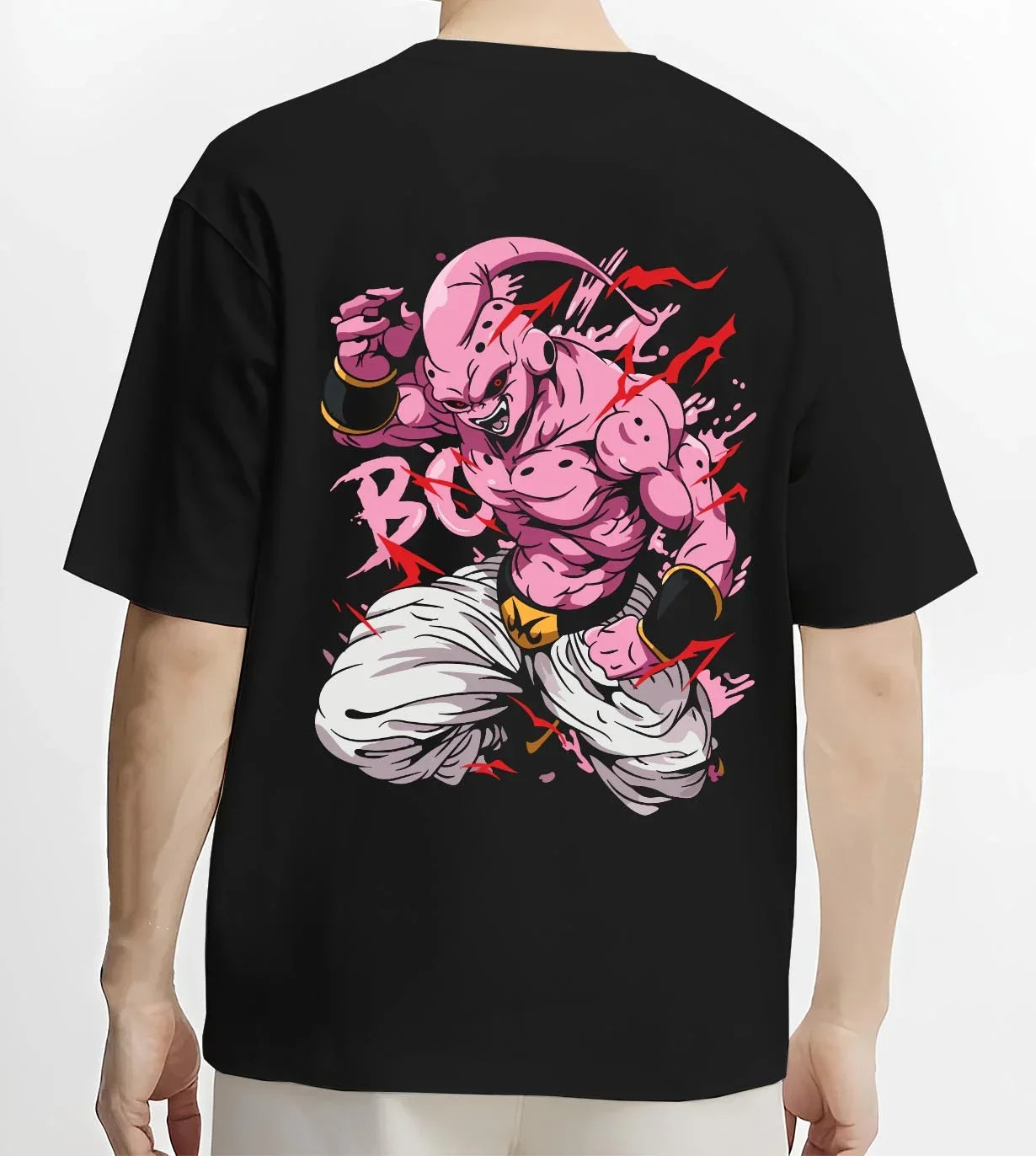 Black T-shirt worn by male model, back view with Majin Buu Kid Hoodie Dragon Ball Z Chaos Power graphic streetwear graphic.