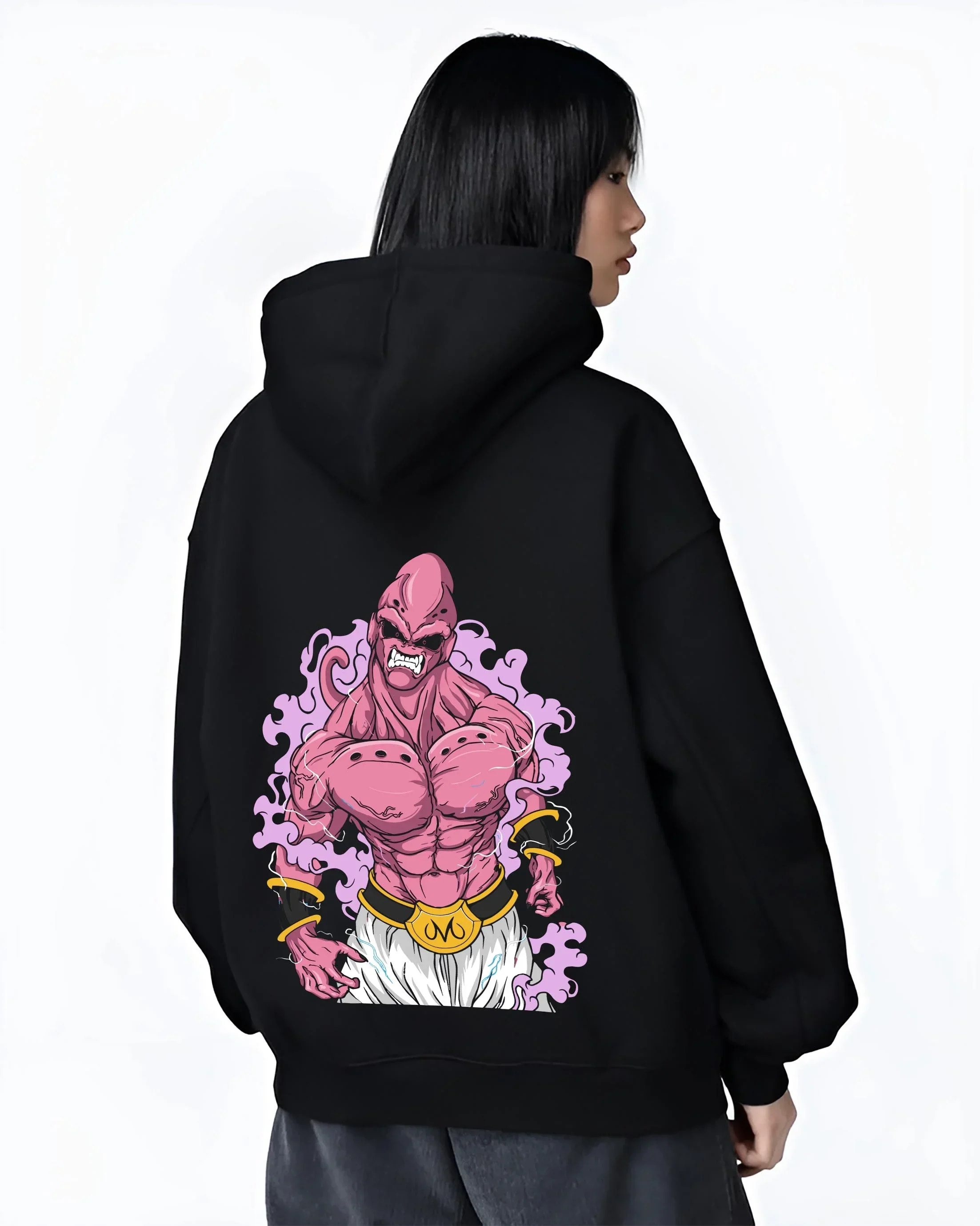 Black hoodie worn by female model, back view with Majin Buu Pure Hoodie Dragon Ball Z Rampage graphic bold anime graphic.