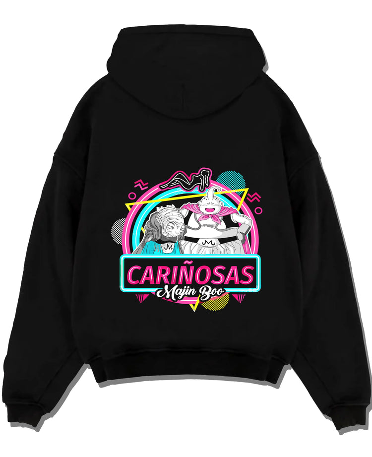 Black pullover hoodie laid flat with Majin Buu Neon Hoodie Dragon Ball Z Carinosas graphic bold anime graphic.