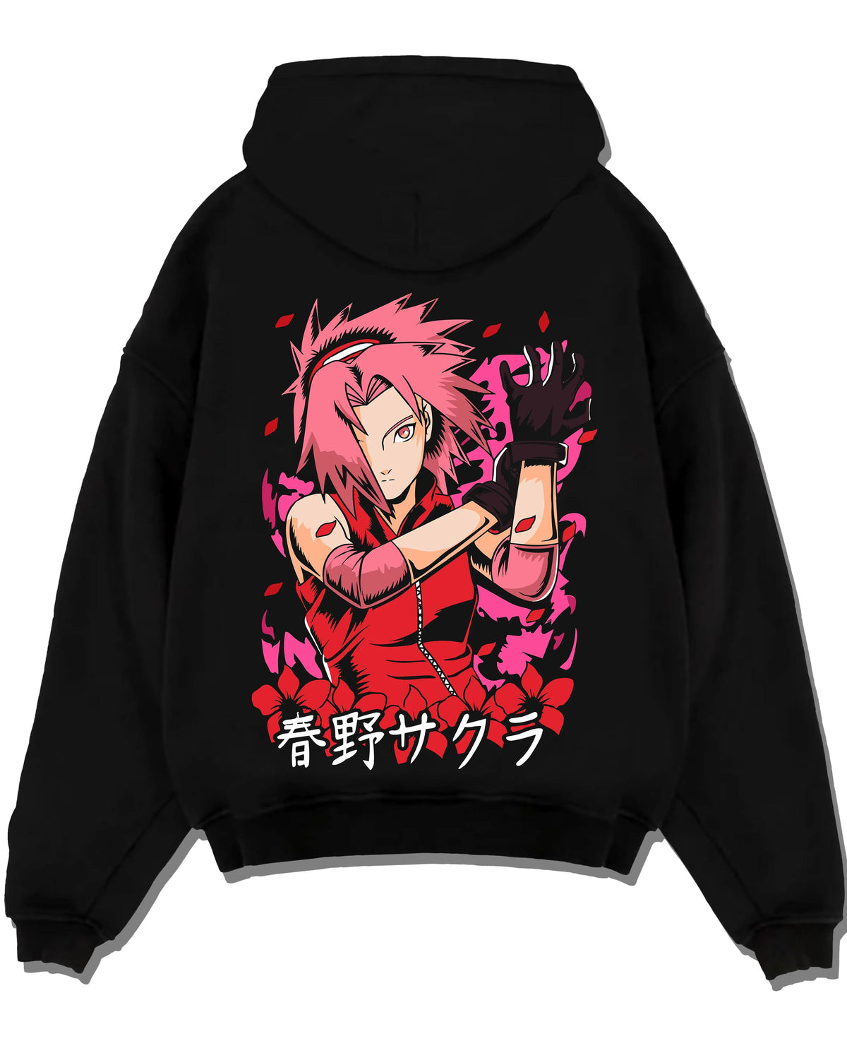 Black hoodie laid flat featuring Sakura Haruno medical ninja strength artwork.