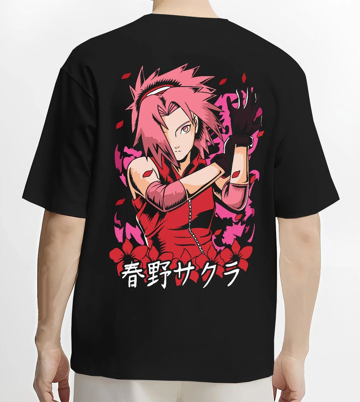 Black T-shirt worn by male model from the back featuring Sakura Haruno medical ninja strength artwork.