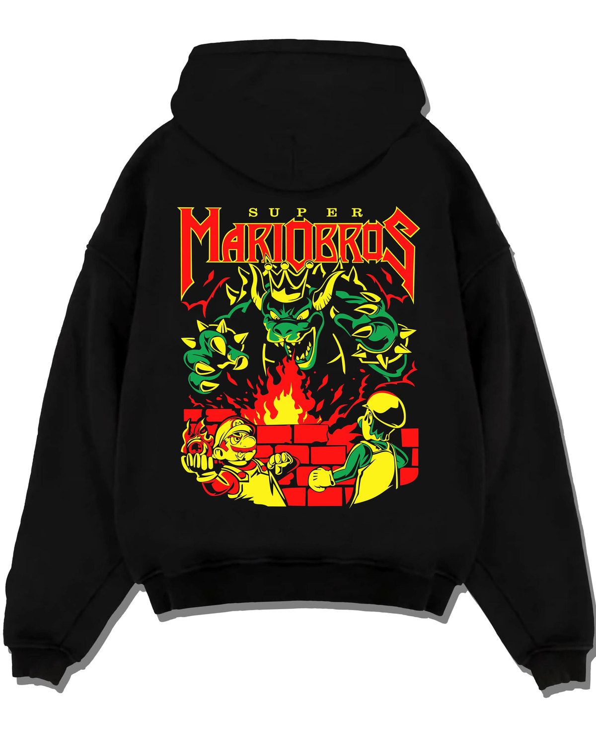 Black hoodie laid flat featuring Mario, Bowser and the Koopa crew artwork.