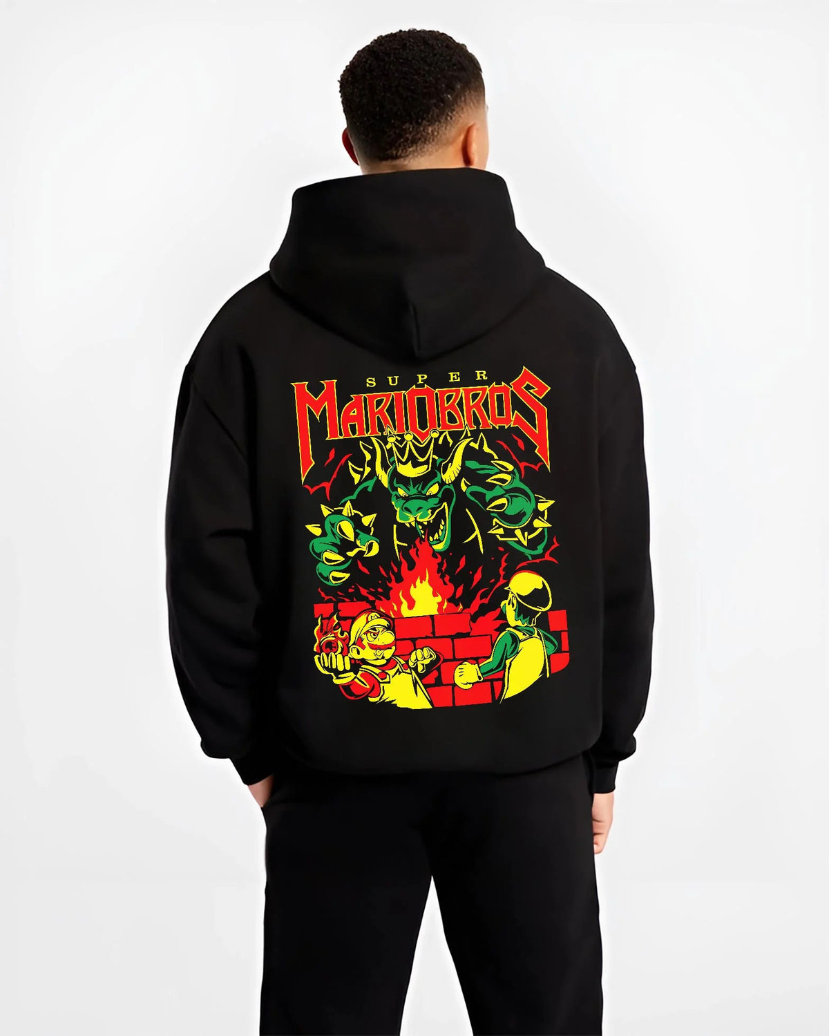 Black hoodie worn by male model from the back featuring Mario, Bowser and the Koopa crew artwork.