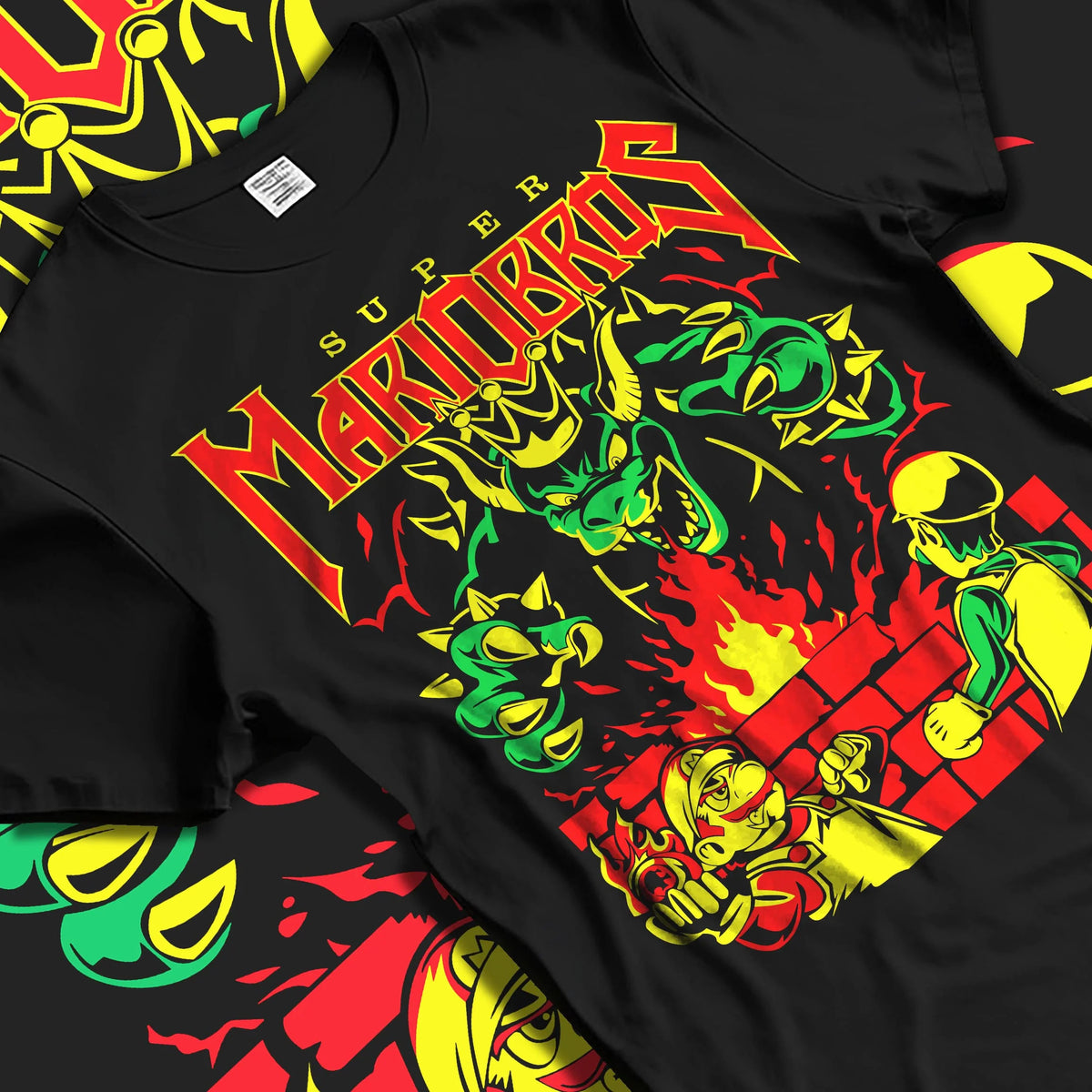 Black T-shirt laid flat with natural folds featuring Mario, Bowser and the Koopa crew artwork.