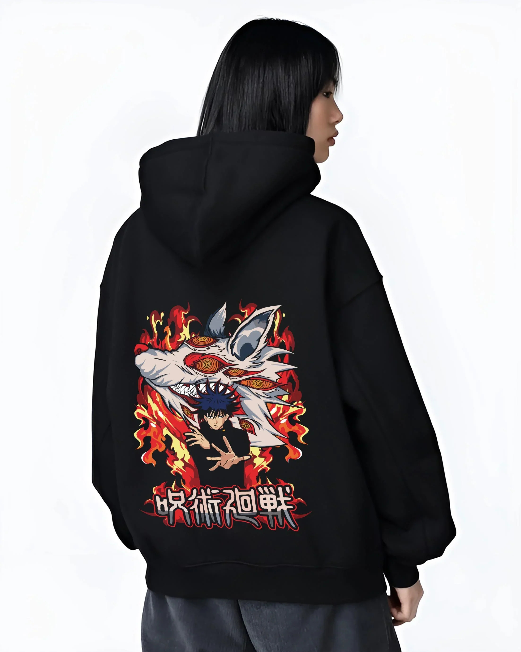 Black hoodie worn by female model, back view with Megumi Fushiguro Hoodie Jujutsu Kaisen Chimera graphic bold anime graphic.