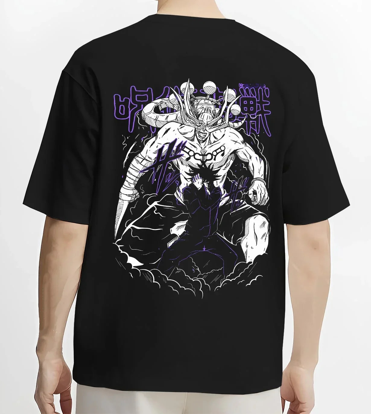 Black T-shirt worn by male model, back view, with shonen battle character artwork of Megumi summoning Mahoraga from JJK.