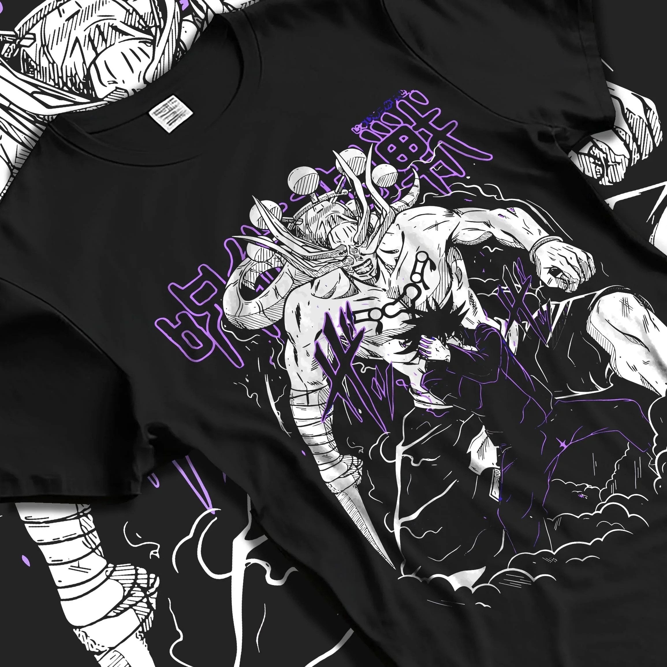 Black T-shirt laid flat with natural folds, showcasing dark manga panel style artwork of Mahoraga and Megumi from Jujutsu Kaisen.