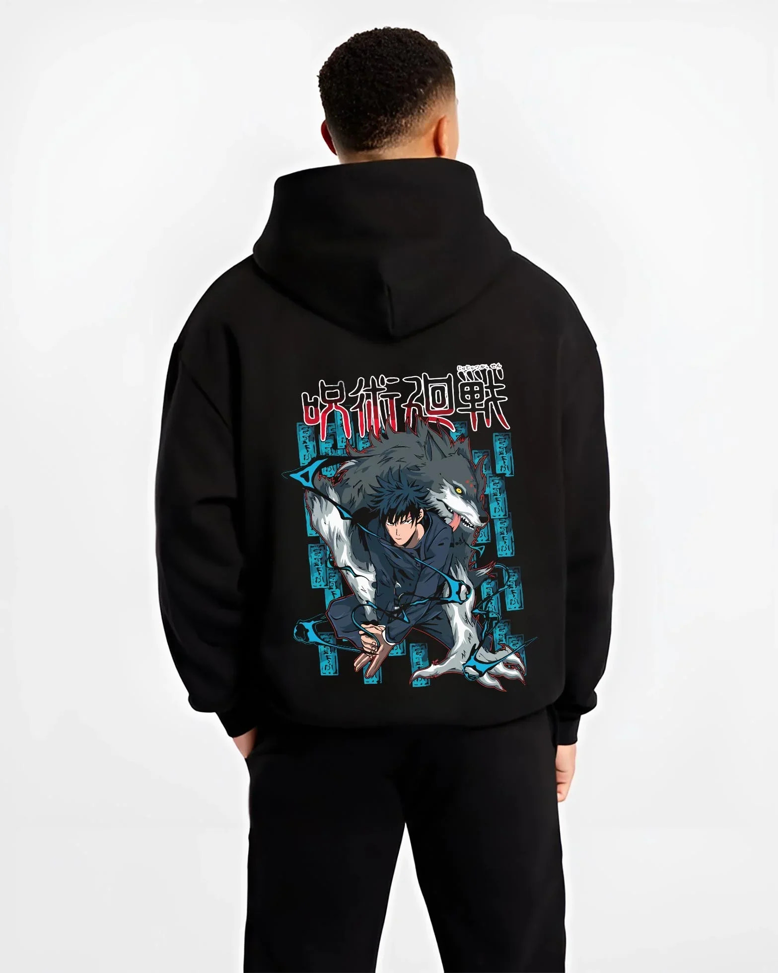Black hoodie worn by male model, back view with Megumi Fushiguro Hoodie Jujutsu Kaisen Shikigami graphic premium wear.