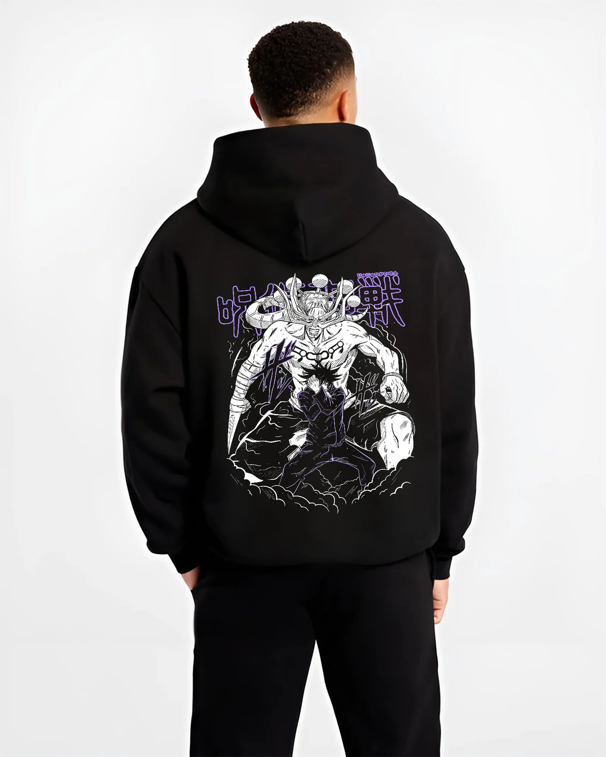 Black hoodie model back view showing Megumi Fushiguro / Mahoraga from Jujutsu Kaisen: summoning scene