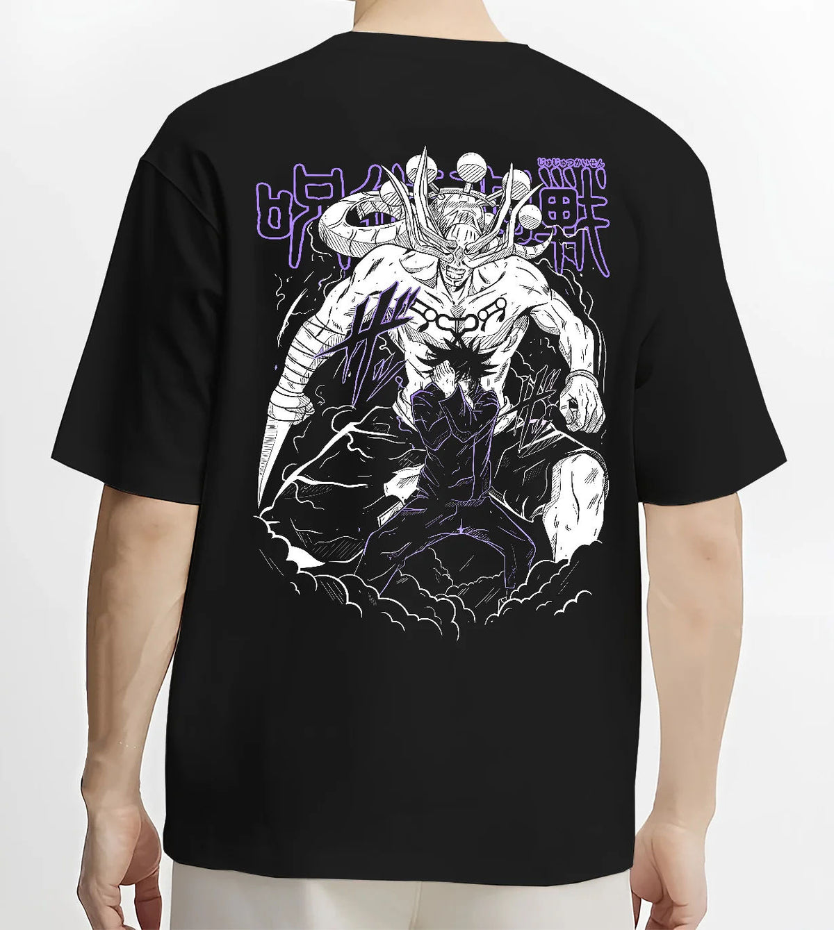 Black T-shirt model back view showing Megumi Fushiguro / Mahoraga from Jujutsu Kaisen: summoning scene
